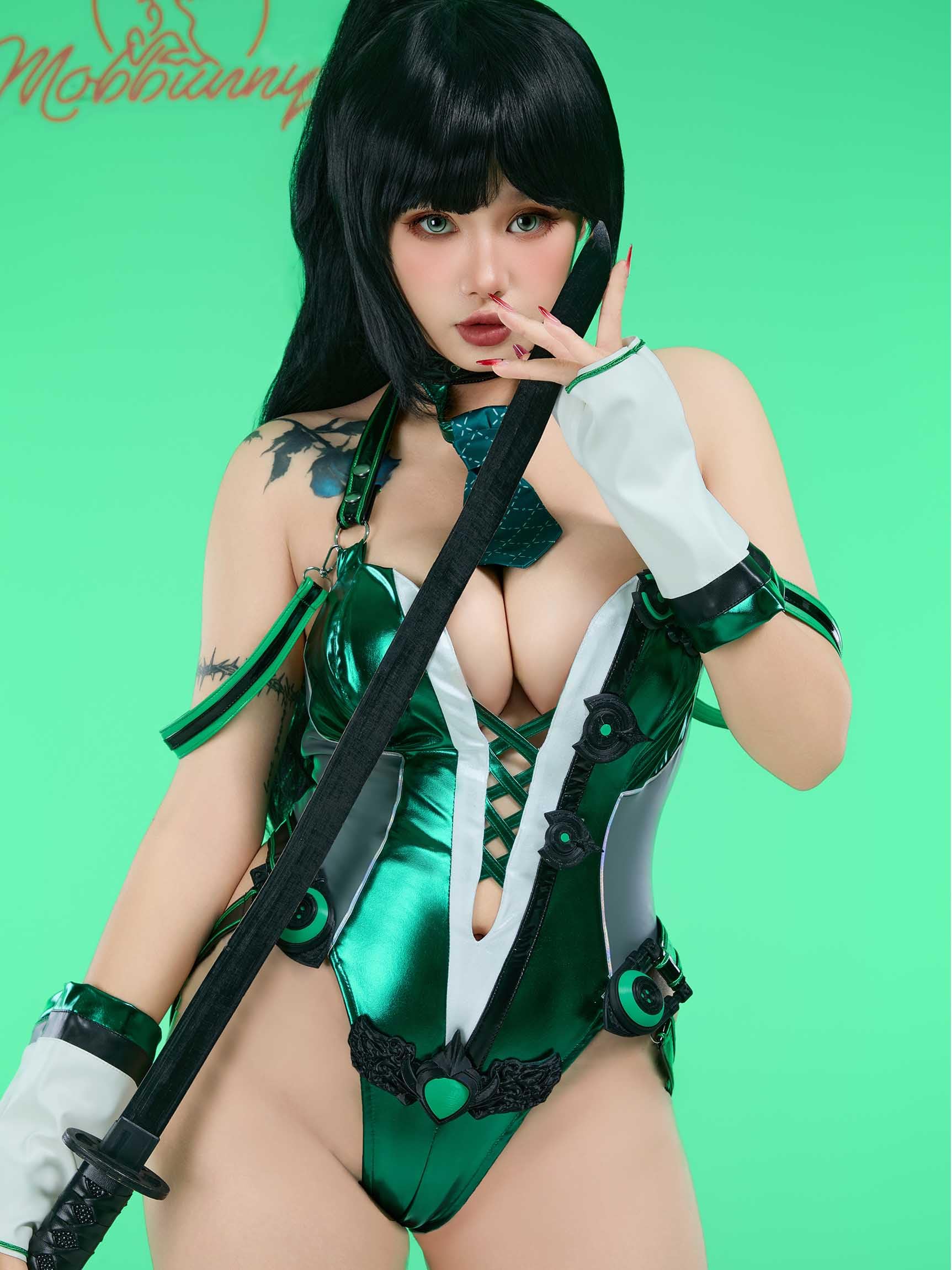 Mobbunny Women Game Cosplay Costume Sexy Bodysuit Cutout Jumpsuit Lingerie Bodycon with Stocking Glove Halloween: X-Large Green