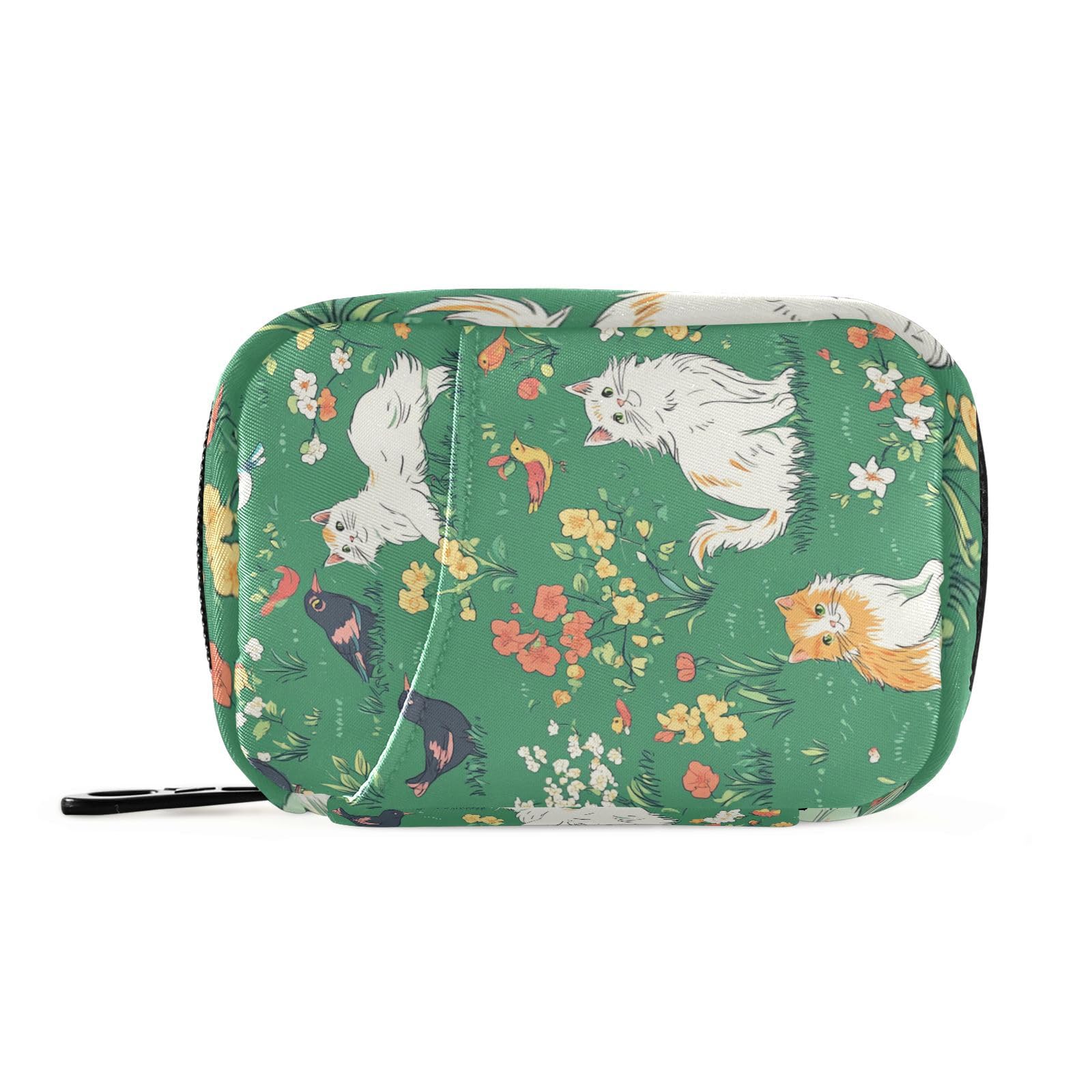 Green Persian Cat and Hummingbird in Spring Travel Pill Organizer Weekly Small Cute Pill Box 7 Day Pill