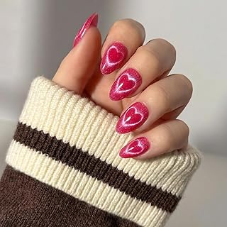 Press On Nails - Text Me Back | Short Almond Fake Nails in Hot Pink with Cat-Eye Magnetic Heart Designs in a Velvet Finish | 15 Sizes - 30 Nail Kit with Glue