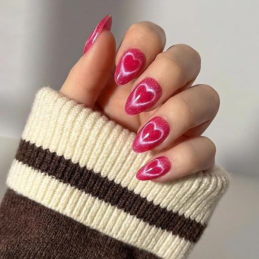 Glamnetic Press On Nails - Text Me Back | Short Almond Fake Nails in Hot Pink with Cat-Eye Magnetic Heart Designs in a Velvet Finish, Valentines Day Nails | 15 Sizes - 30 Nail Kit with Glue