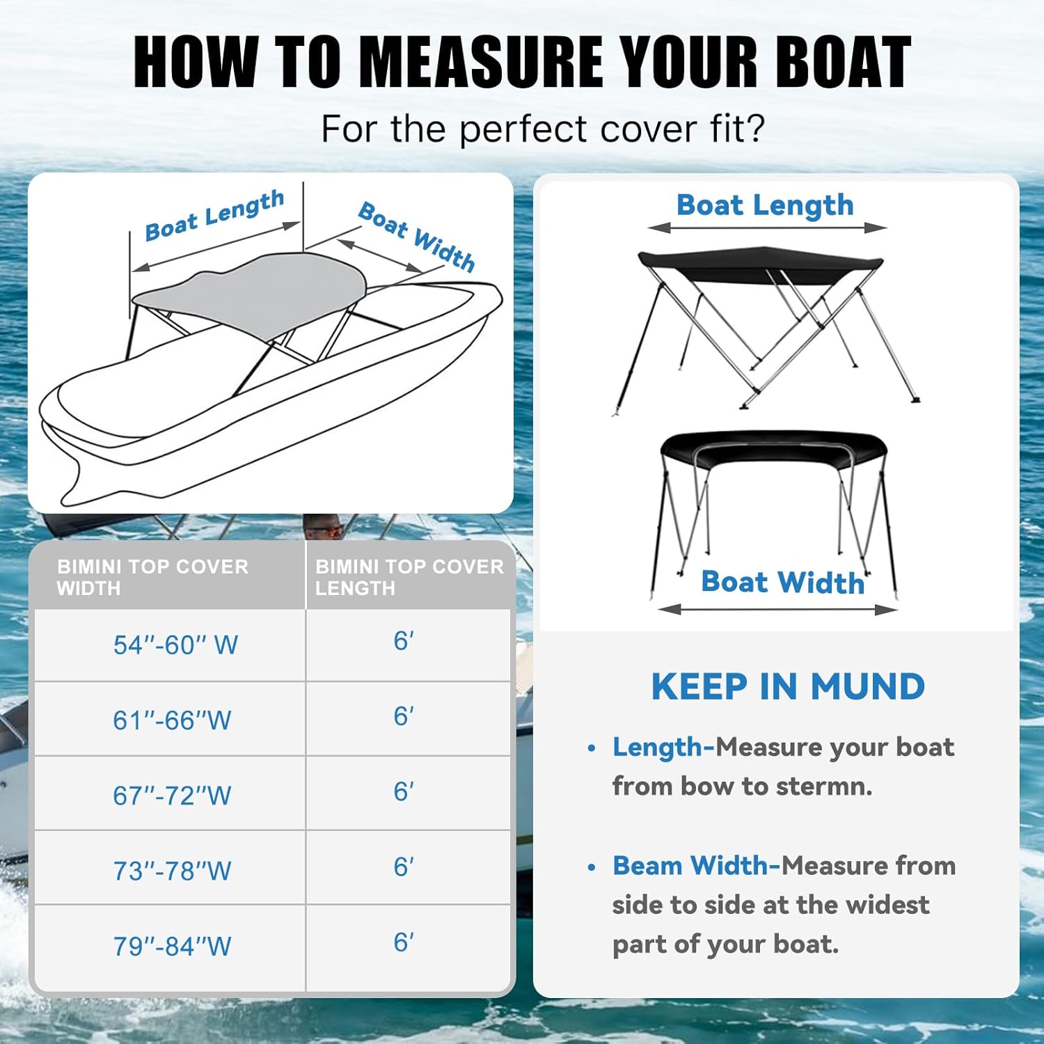 3 Bow Bimini Top Replacement Canvas with Light Hole & Storage Boot, Heavy Duty Waterproof 900D Durable Marine Sun Shade Bimini Top Canvas Only Without Frame, 6'L 73"-78" W Black, No Frame