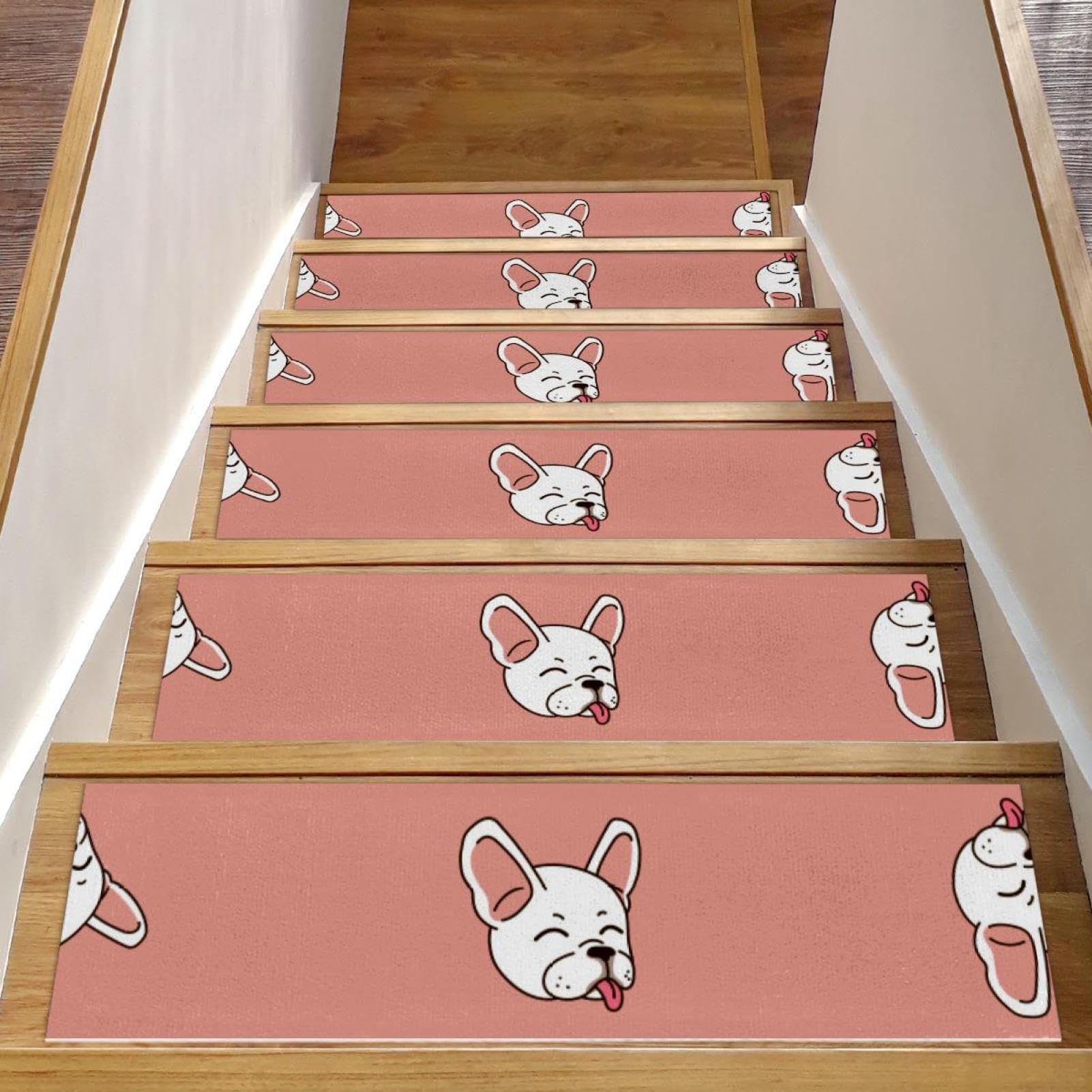 Alfombra para peldaños de escalera de bulldog francés antideslizante de madera 8x30 pulg 15 uds