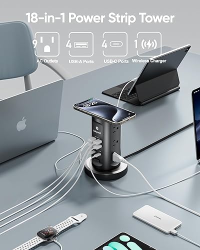 Miniatura 2 de Estación de carga USB de 115 W, torre de regleta de alimentación con protector de sobretensiones, 9 salidas de CA con 8 puertos USB (4 USB-C), cable