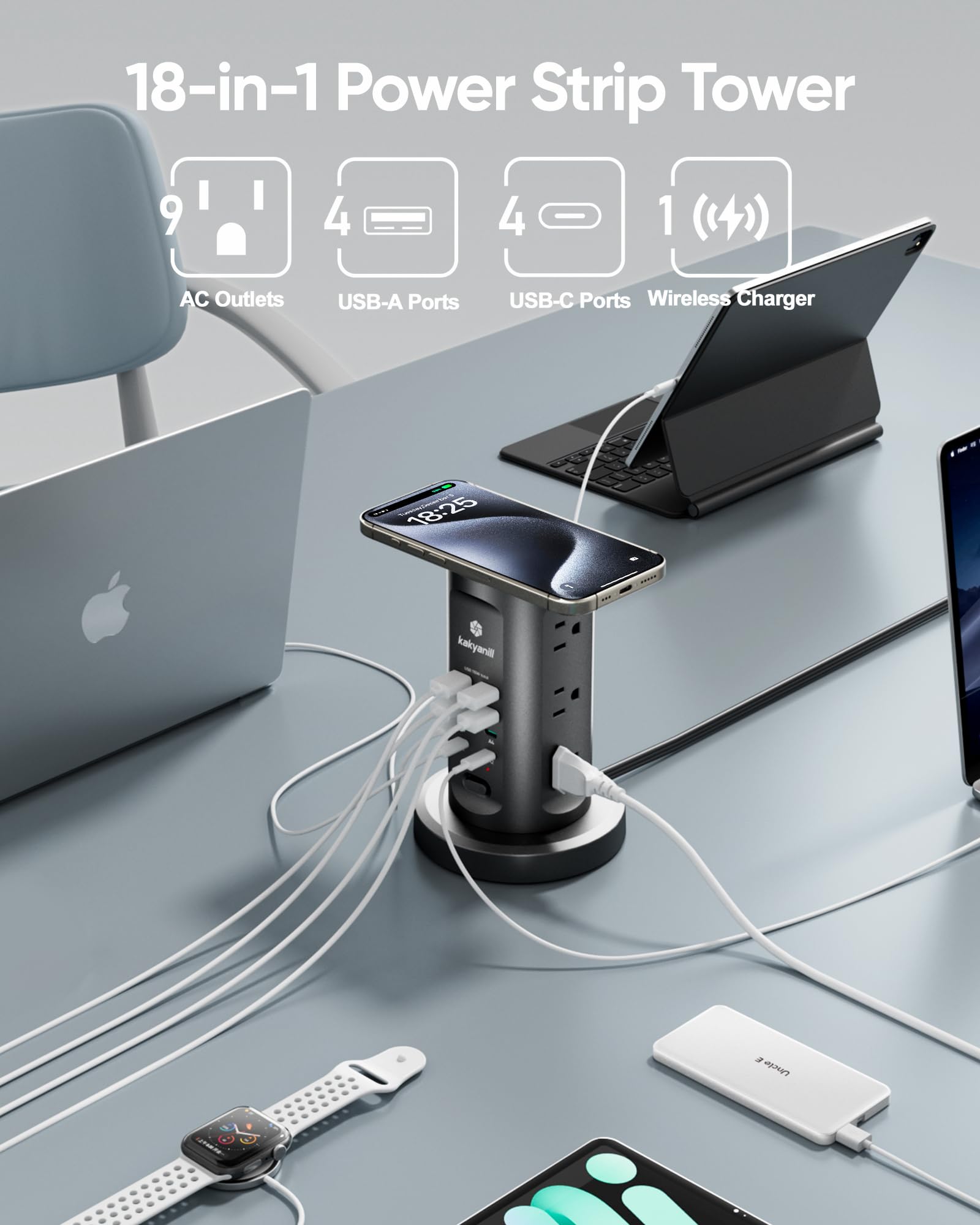 Kakyanill Stacja ładująca USB 115 W, listwa zasilająca z ochroną przeciwprzepięciową, 9 gniazd AC z 8 portami USB (4 USB-C), płaska, wysuwany przewód przedłużający