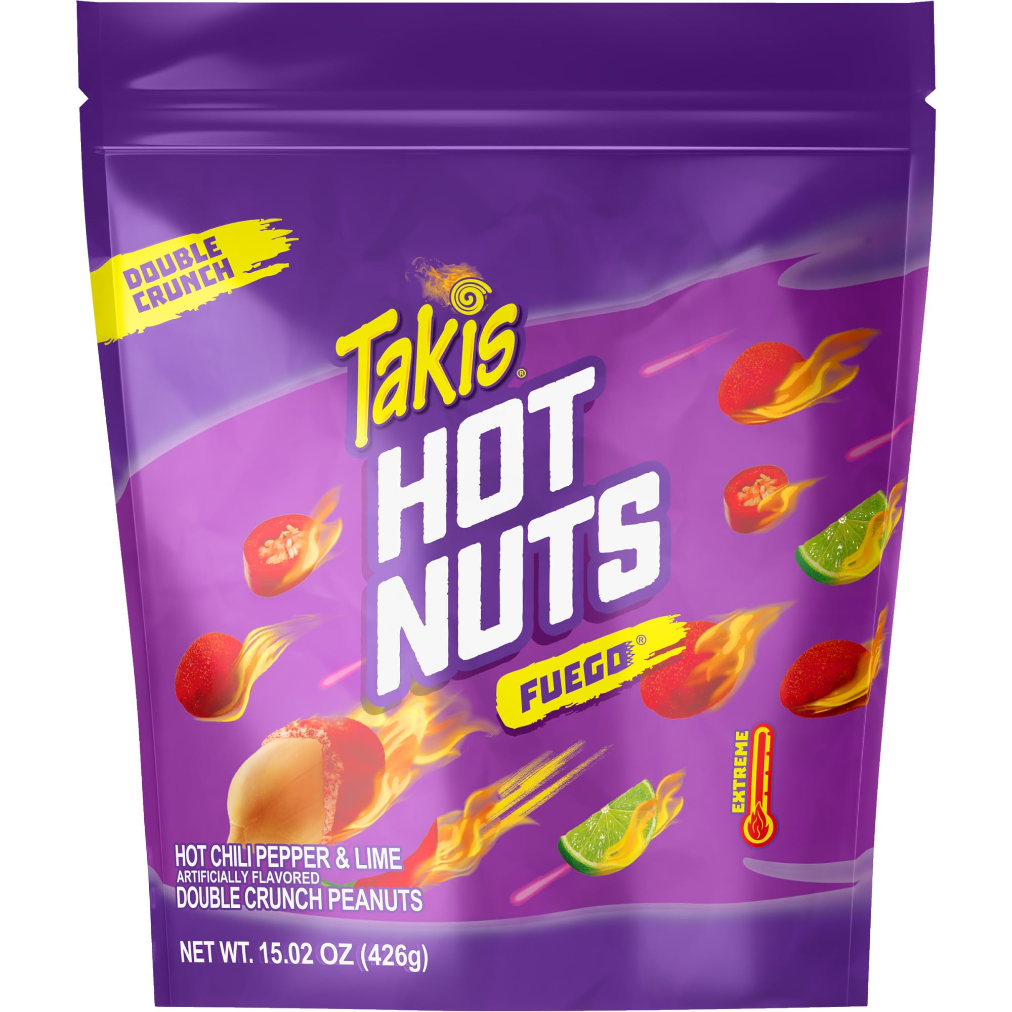 TakisFuego Hot Nuts 15.02 oz Sharing Size Resealable Bag, Hot Chili Pepper & Lime Flavored Extreme Spicy Double-Crunch Peanuts