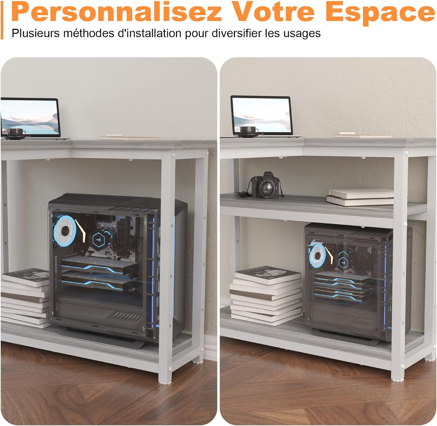 Image demonstrating flexible shelf configurations, showing a computer tower placed on the bottom shelf with the middle shelf removed, and another configuration with both shelves in place.