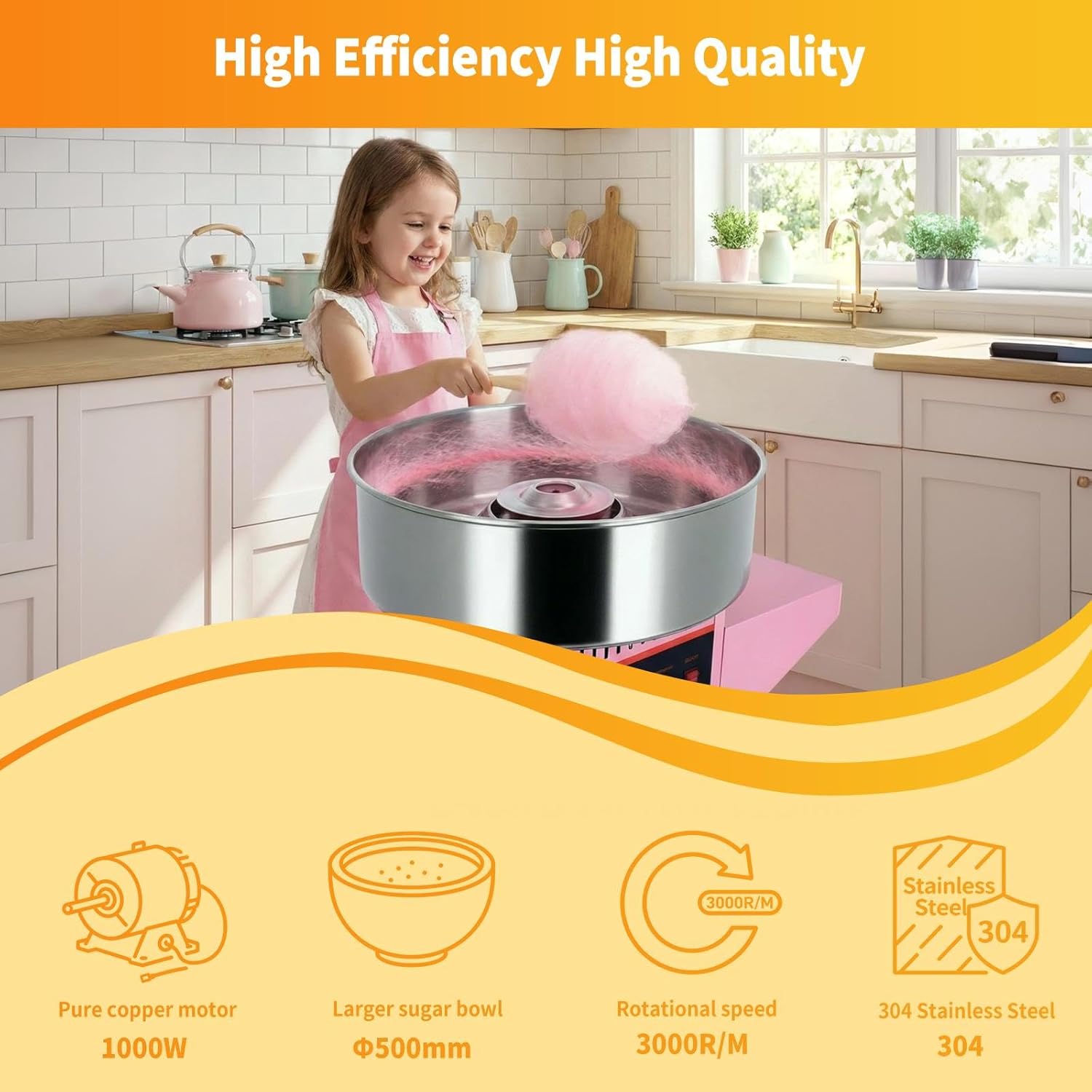 1000W High-Speed Cotton Candy Maker, 3000R/M with 20in Stainless Steel Sugar Bowl, Includes Sugar Scoop and Storage Drawer, for Commercial and Home Use