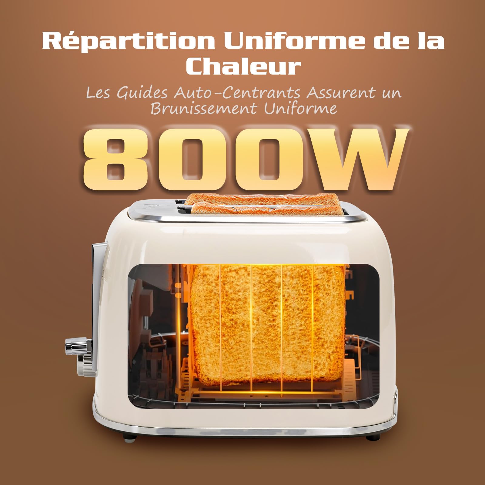 Aigostar Grille Pain, 2 Fentes Extra-Larges, Vintage Inox Crème, 6 Niveaux de Dorage, Fonction Bagel/Décongélation/Réchauffage/Annulation, Tiroir Ramasse-Miettes Amovible, 800W. Cream
