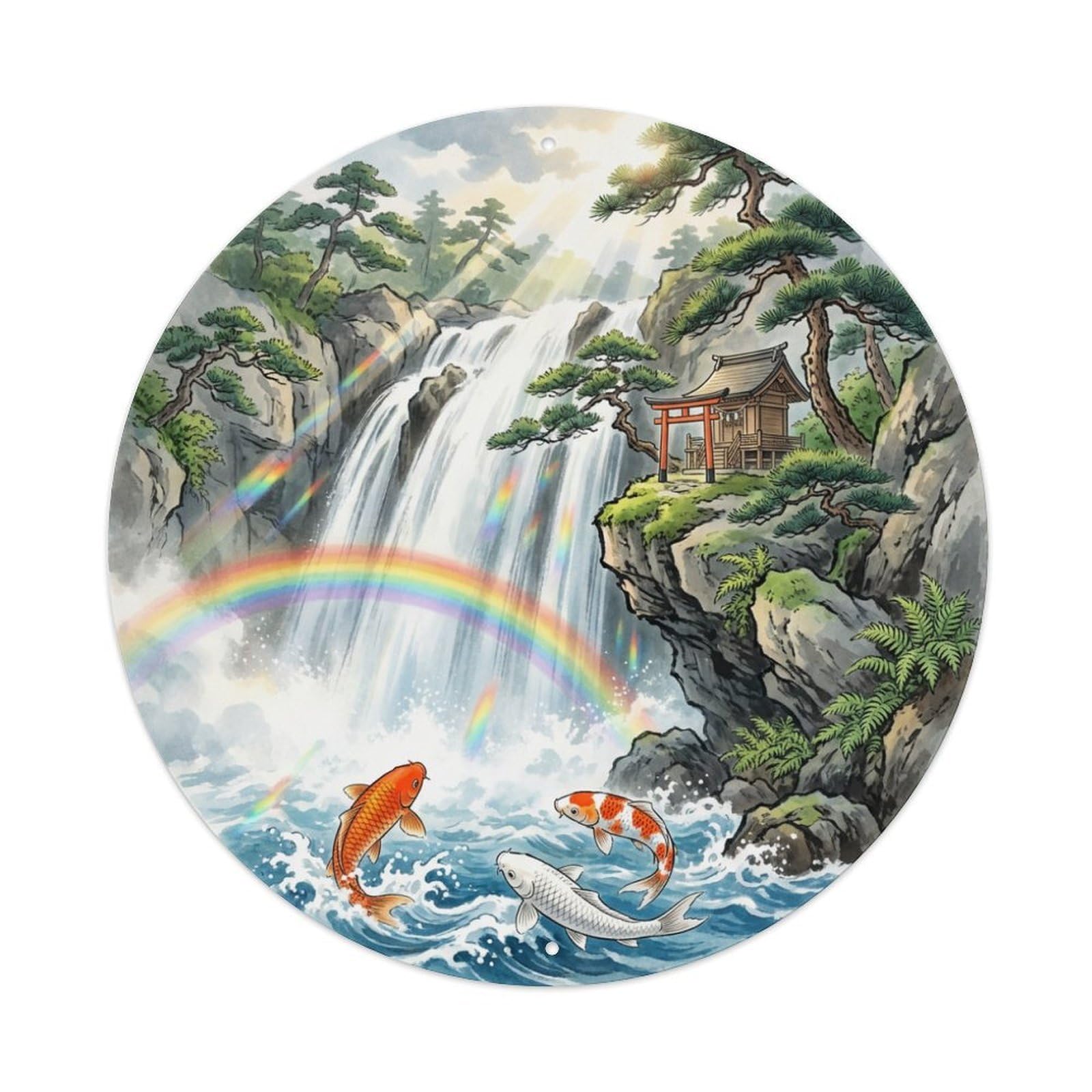 Galvaxio Style Japanese Koi Fish Waterfall Rainbow Cascade Mist Metal Tin Sign