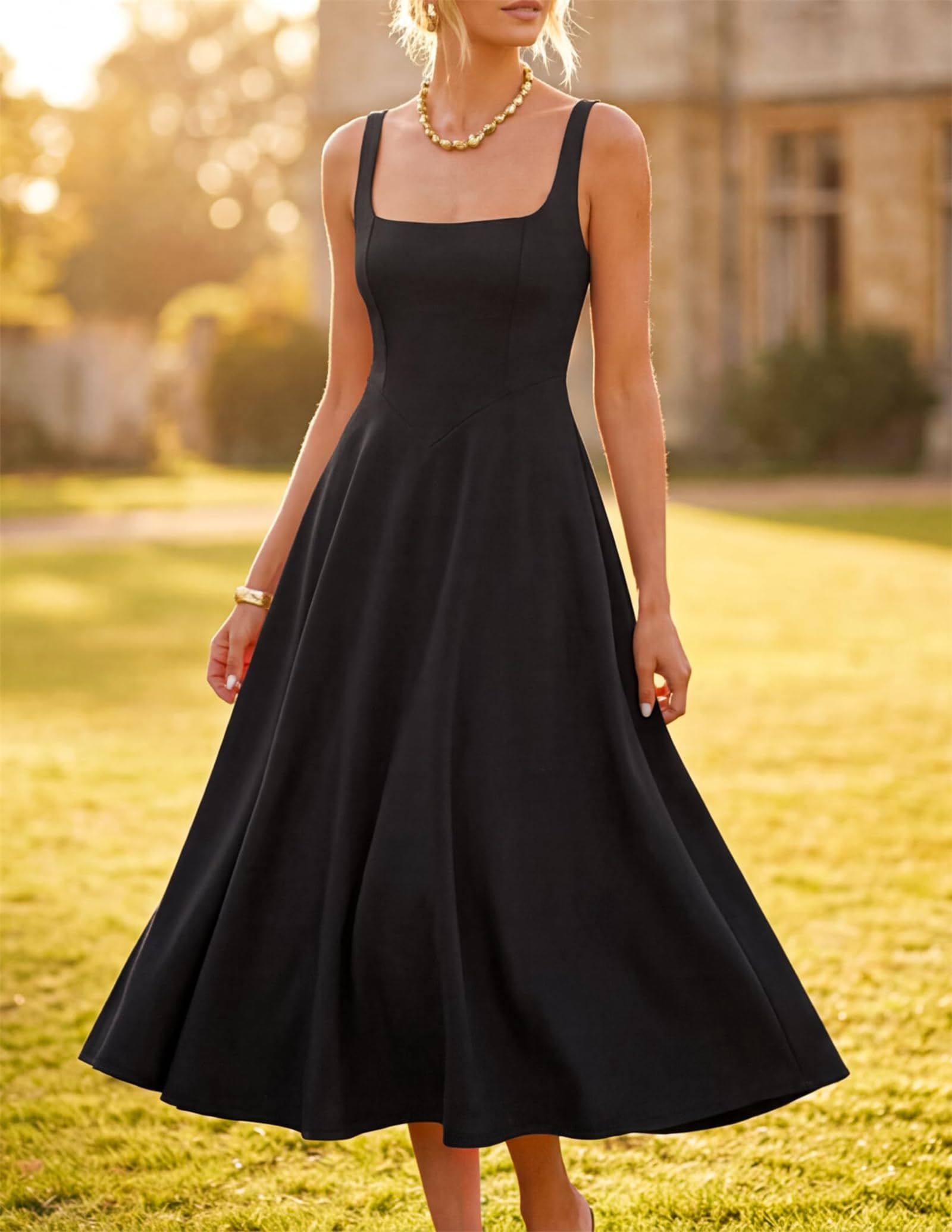 2026 Damen Sommer ärmelloses Midikleid 2026 quadratischer Ausschnitt Hochzeit Gäste Strand lässig fließende lange Kleider Taille fließende Outfits