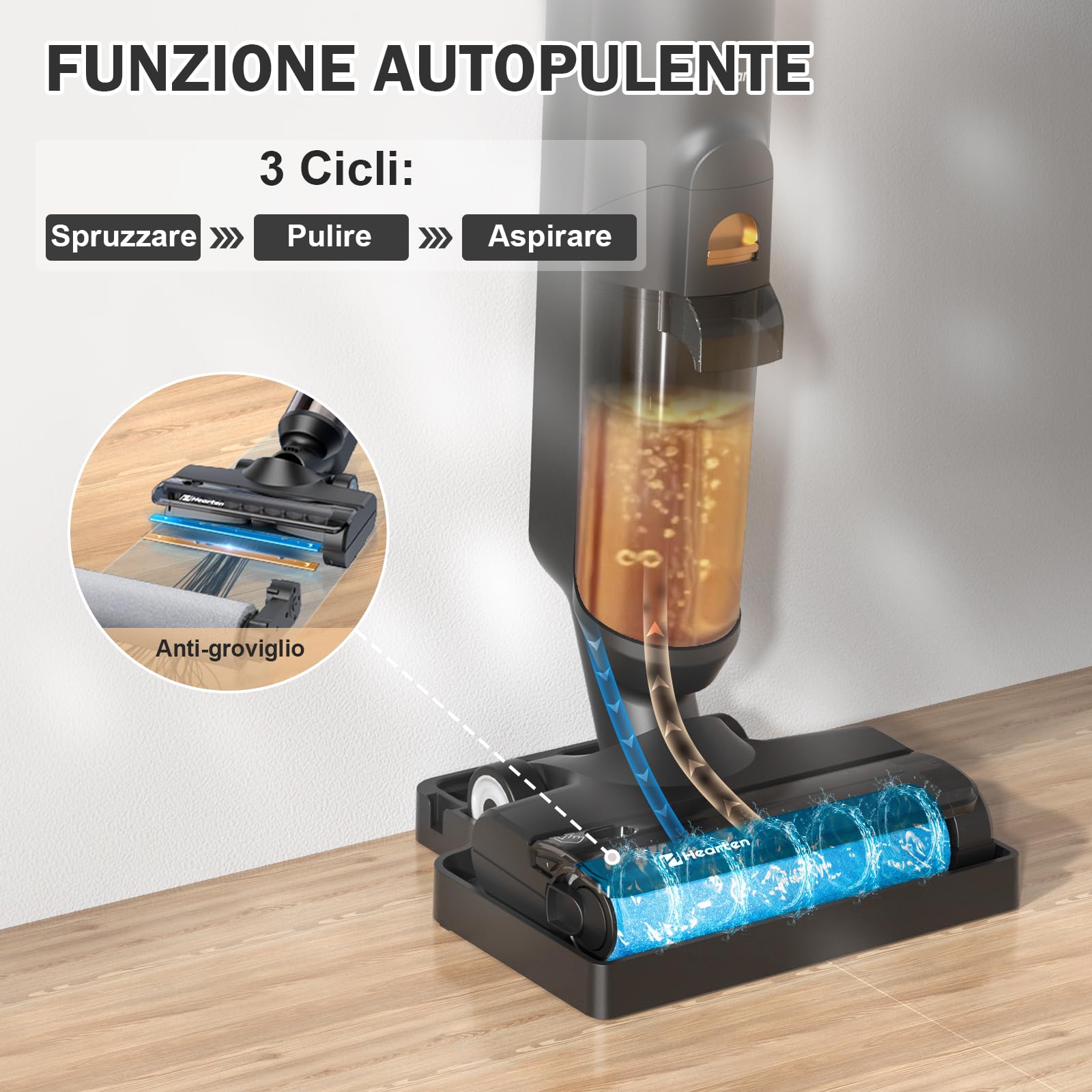 Hearten Lavapavimenti Senza Filo,Aspirapolvere Lavapavimenti Smart 3 in 1, Aspira e Lava, Auto-Pulente, Anti-Groviglio, Display LED – 0,7 mm, Regolazione Automatica, Per Peli Animali Scrubber