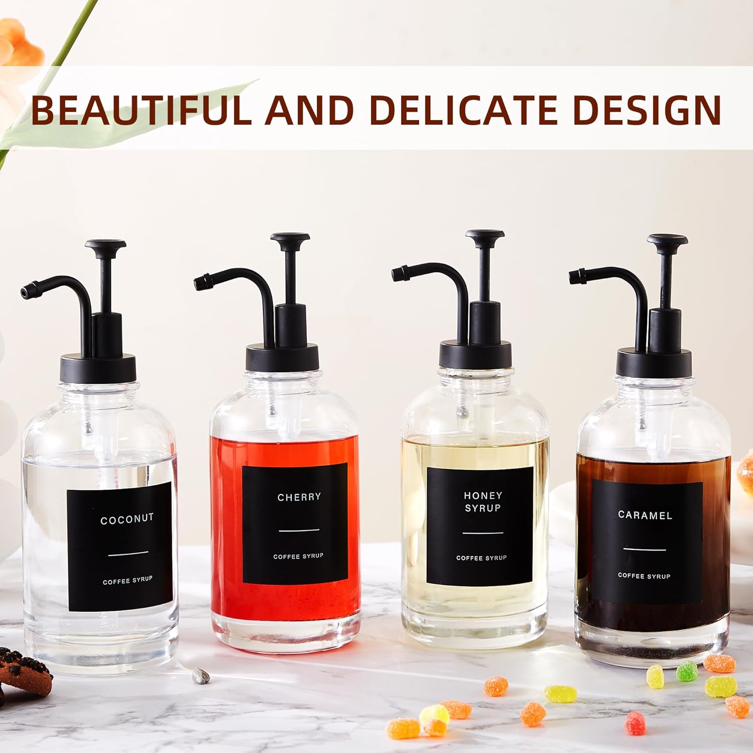 Coffee Syrup Dispensers for Coffee Bar(Set of 4),Coffee Syrup Pump Dispenser for Coffee Bar Accessories,16.9 oz Glass Syrup Dispenser with 36 Labels,Coffee Syrup Bottles with Matte Black Pump