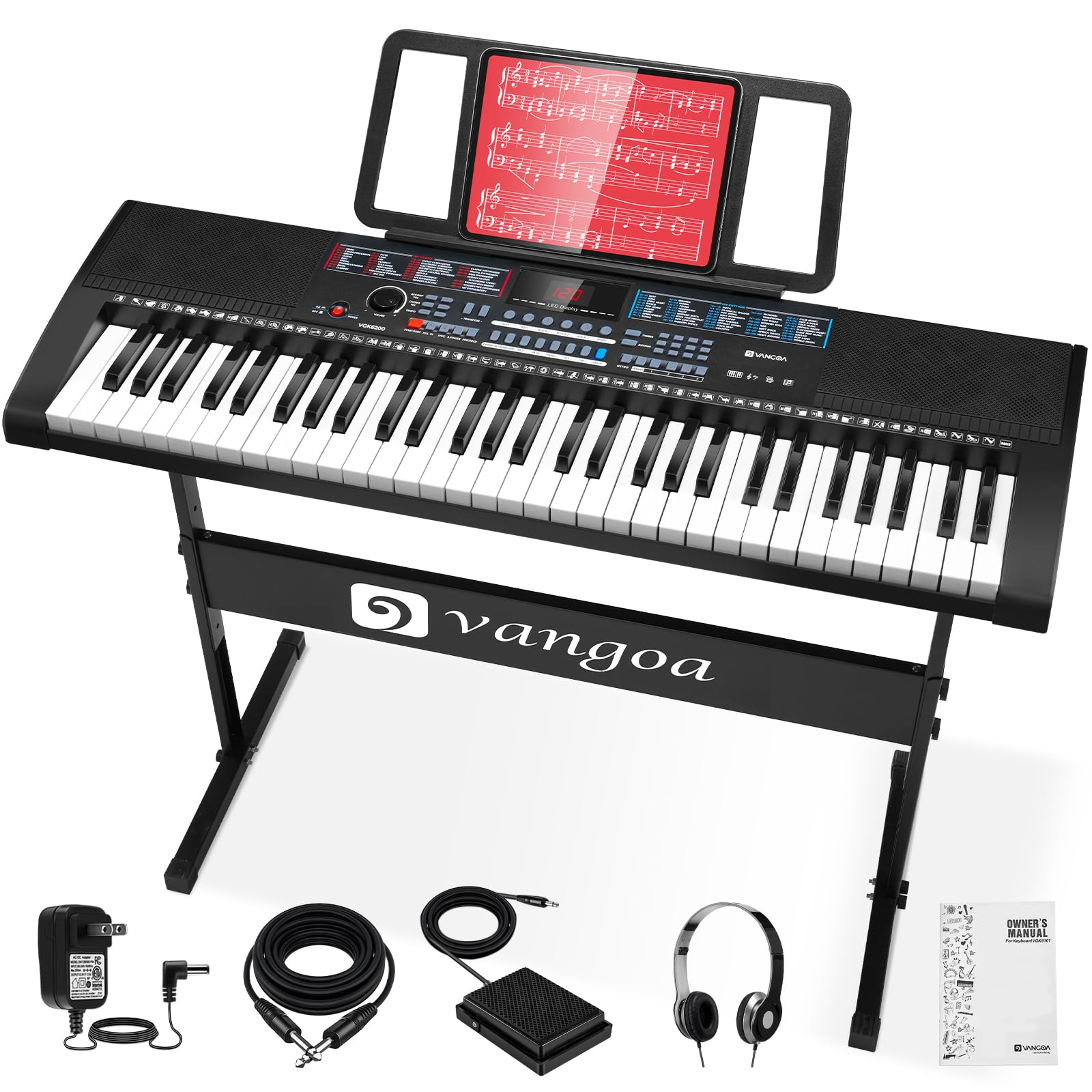 VangoaKeyboard Piano 61 Key, Full Size Keys Portable Electric Keyboards with Midi, Musical Teaching Electronic Piano Keyboards with Stand Pedal Headphone for Beginners Kids Adults Teens