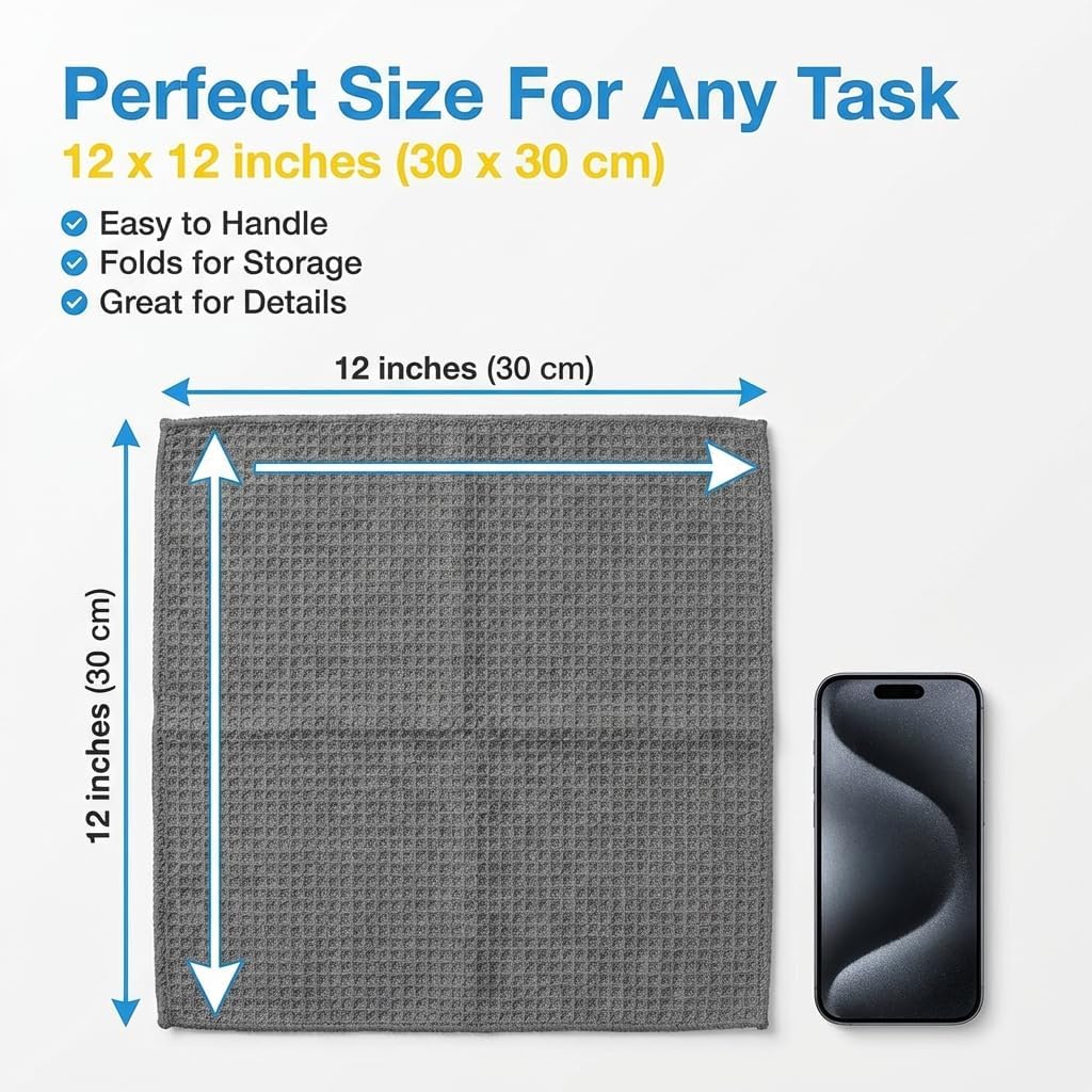 MIRACLEAN Waffle Weave Microfiber Towel, 12 x 12 inches, Barista Towels, Lint Free Cloth, Glass Towels, Waffle Towels Car Detailing, 6 Pack Premium Microfiber Cleaning Cloth