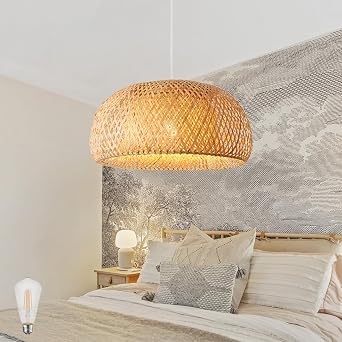 Boho Chandelier, Small Bamboo Pendant Light Fixture, 1 Light Dome Shape Woven Hanging Light for Kitchen, Bedroom