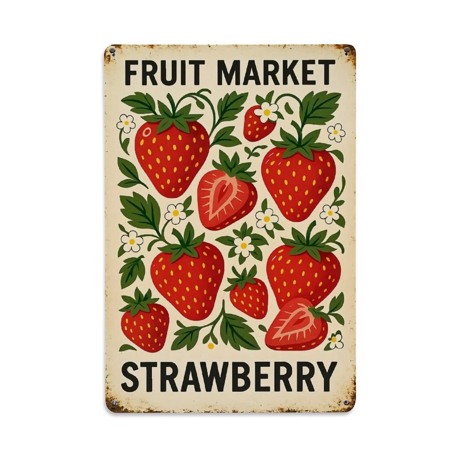 Strawberry Fruit Market Pattern Print Retro Metal Tin Sign, Vintage Decor Art Poster for Bar, Home, Man Cave, Kitchen, Laundry Room Gift 8x12Inch
