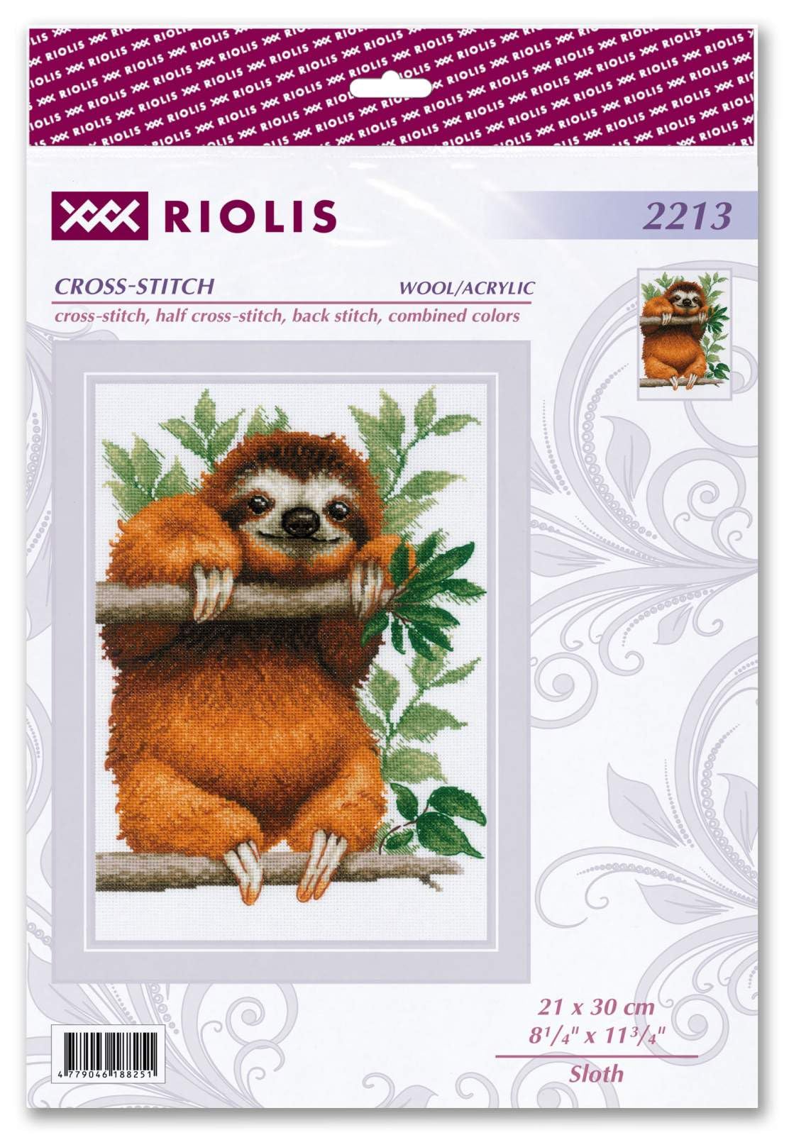 RIOLIS - Bradipo 2213, Punto croce 21x30cm, Punto croce kit da ricamare, Disegni da ricamare, Embroidery kit, Set punto croce, Kit ricamo punto croce