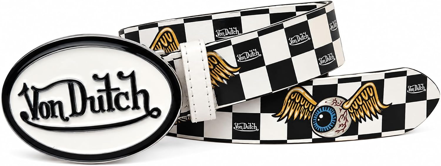 Von Dutch Women’s Logo Buckle Belt – Faux Leather Adjustable Waist Belt with Oval Signature Buckle, Casual Y2K Fashion Belt