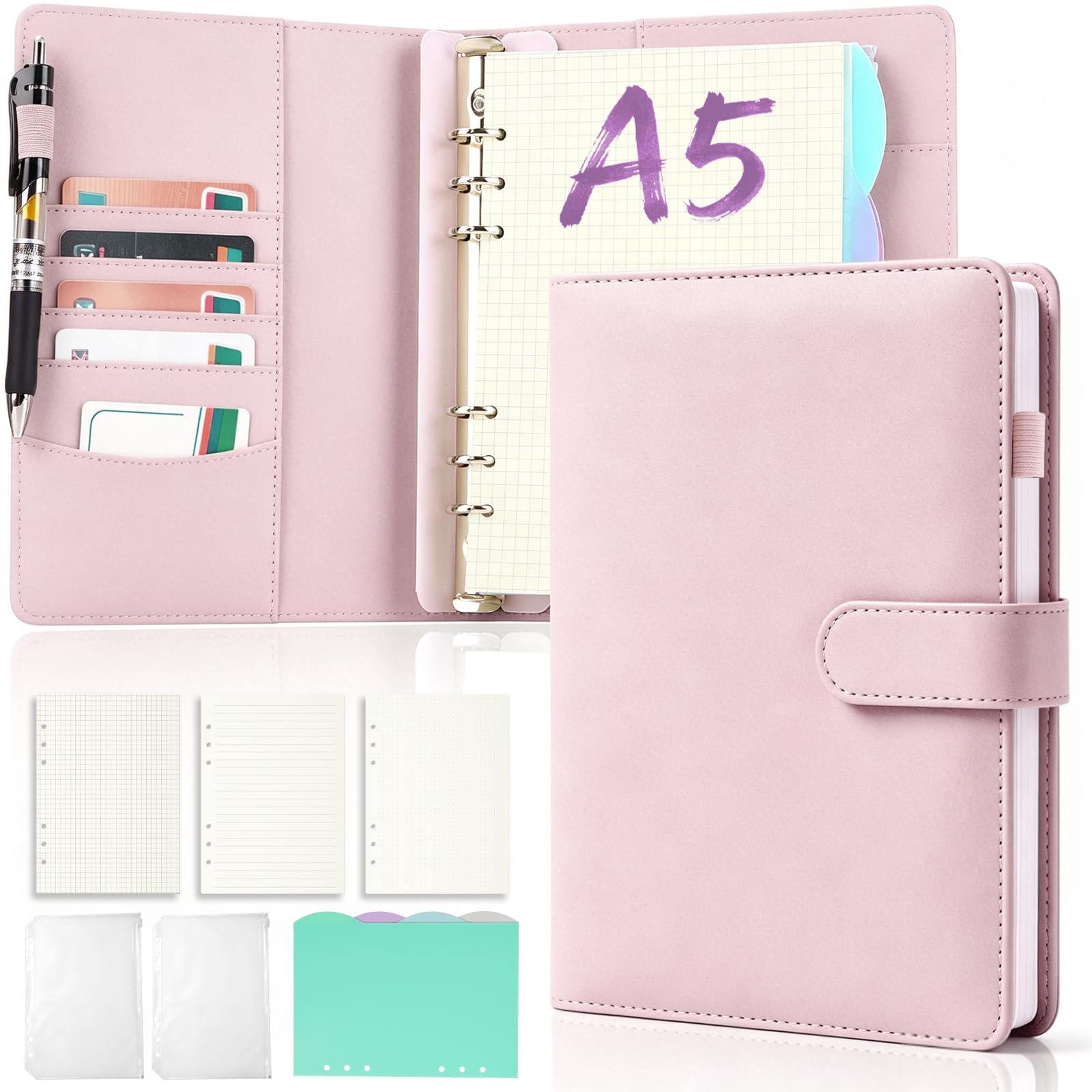 mawmuaw A5 Ring Binder Notebook 6 Ring PU Leather Planner(Pink)