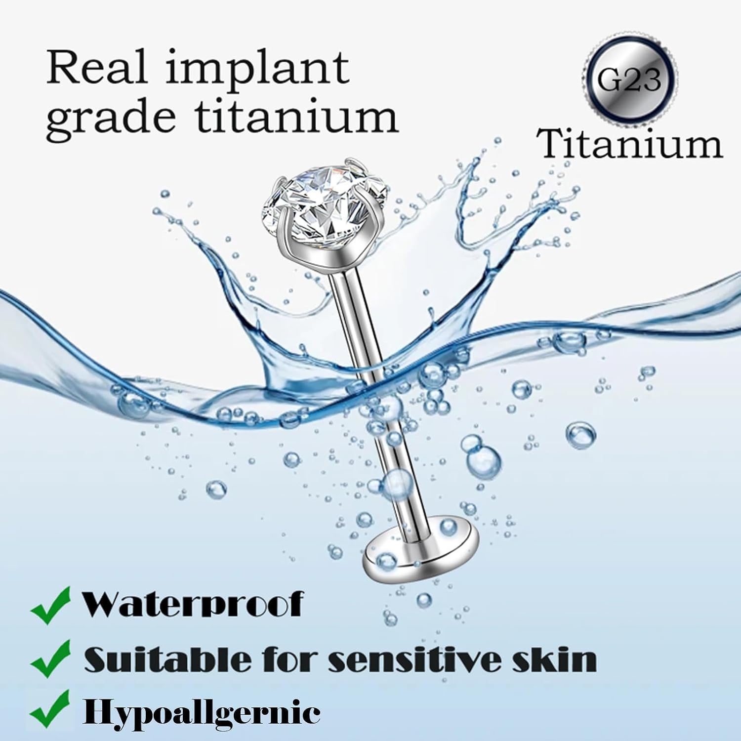 CANDYFANCY 20g/18g/16g G23 Titanium Threadless 2/3/4mm CZ Stud Cartilage Earrings for Tragus/Conch/Helix/Monroe/Lip/Labret-Push in Nose Studs Tragus Piercing Jewelry for Women Men 6/8/10MM Length post