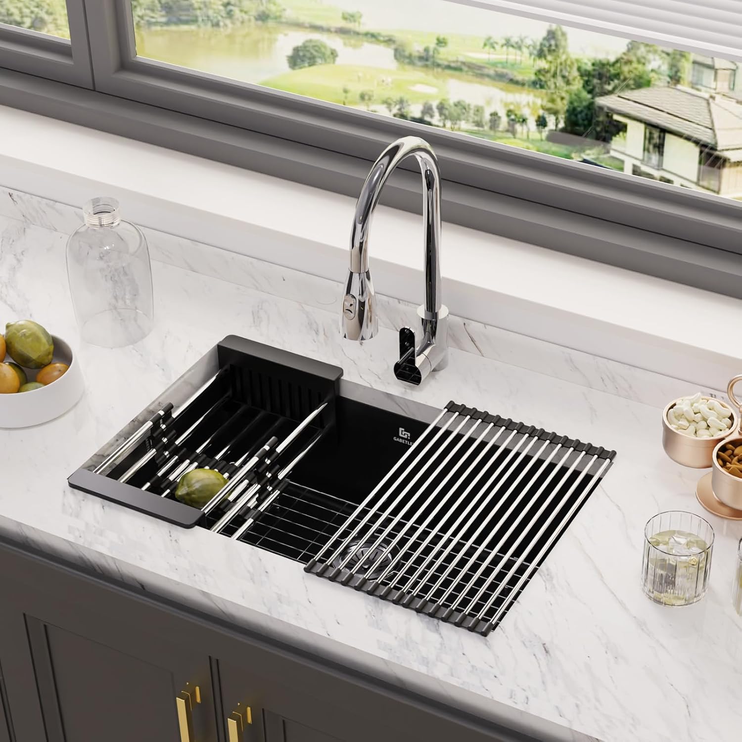 30-inch Granite Composite Kitchen Sink, GABETLET Undermount Quartz Kitchen Sinks with Spacious Workspace and Easy Cleaning, Black Single Bowl Deep Sink with Complete Accessories