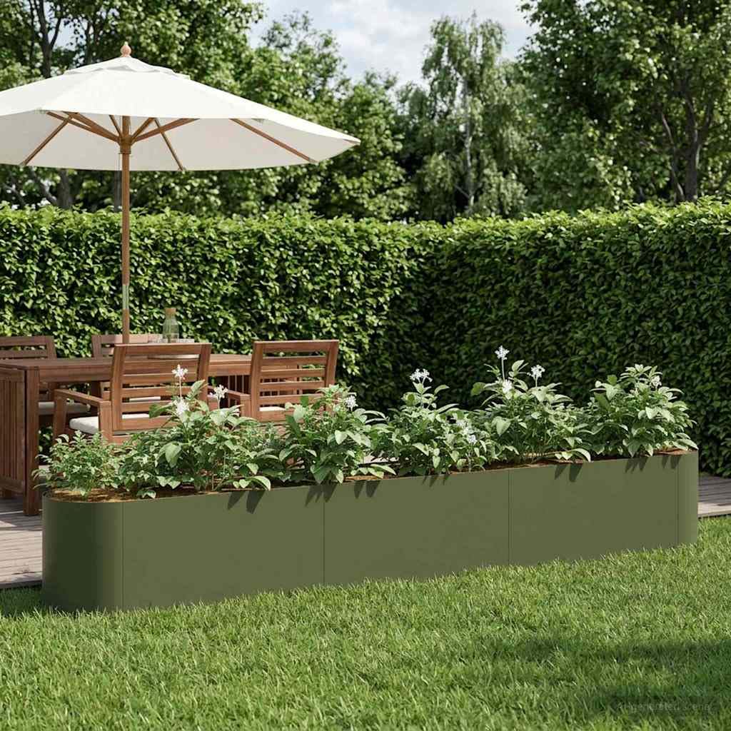 Jardinera de acero verde oliva 280x40x40 cm con tratamiento anticorrosión exterior