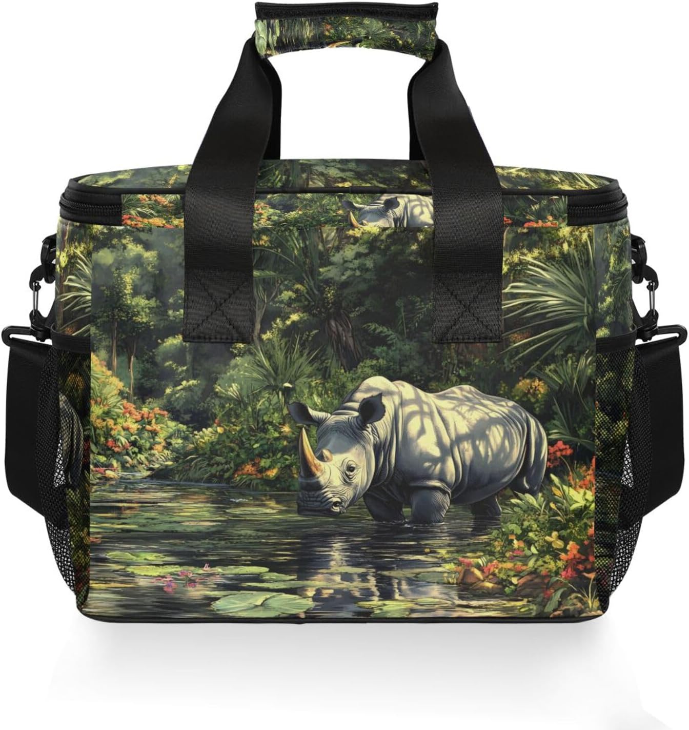 Insulated Cooler Bag Rhino Forest Print Large Capacity 24 Cans Lunch Box Leak Proof with Shoulder Strap Handle for Camping Picnic
