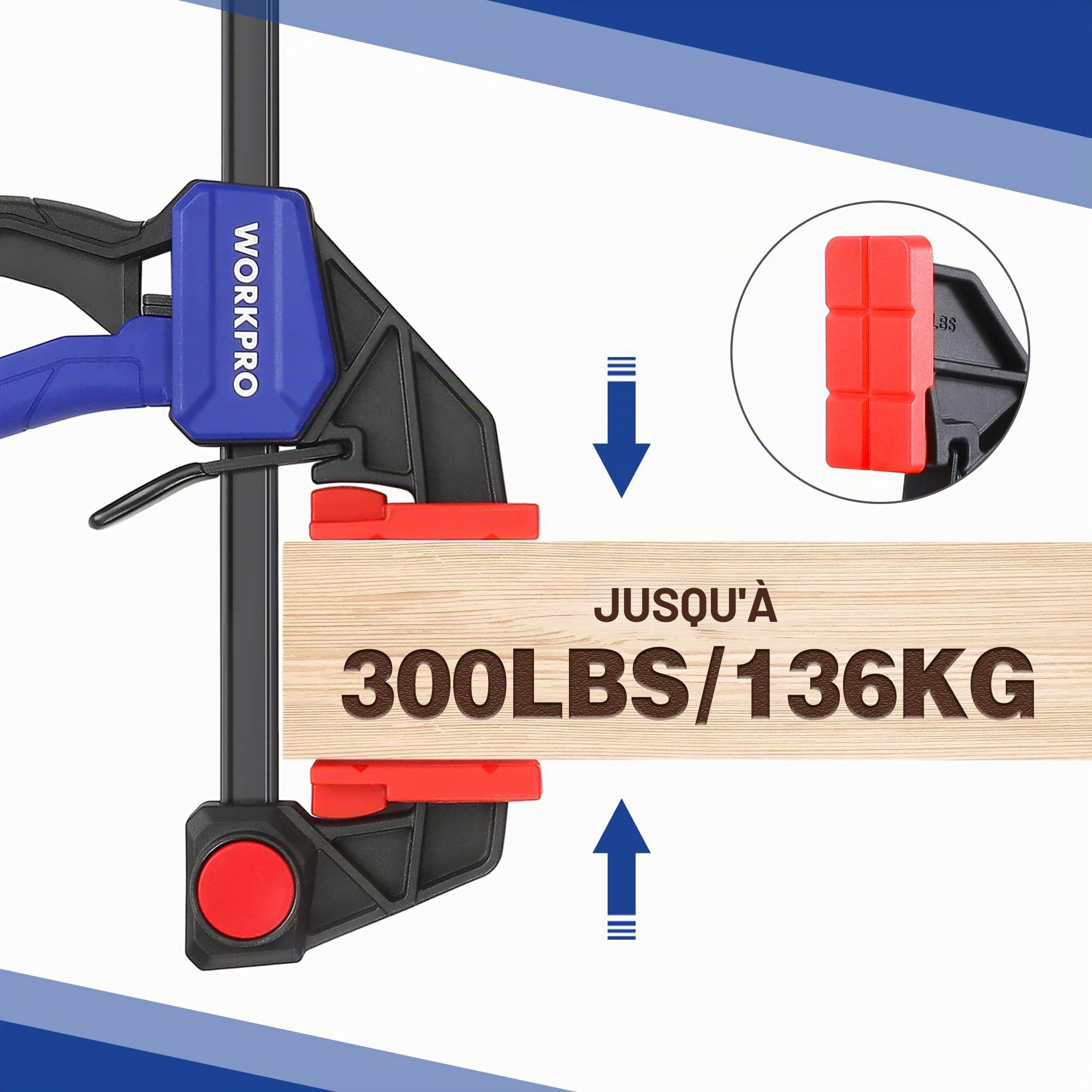WORKPRO Jeu de Serre-joints Rapide 2 Pièces en Acier et Nylon Renforcé pour une Fixation Précise, Largeur de Serrage 152 mm, Force de Serrage Maximale 136 kg,Plage d'Etirement 175-335 mm