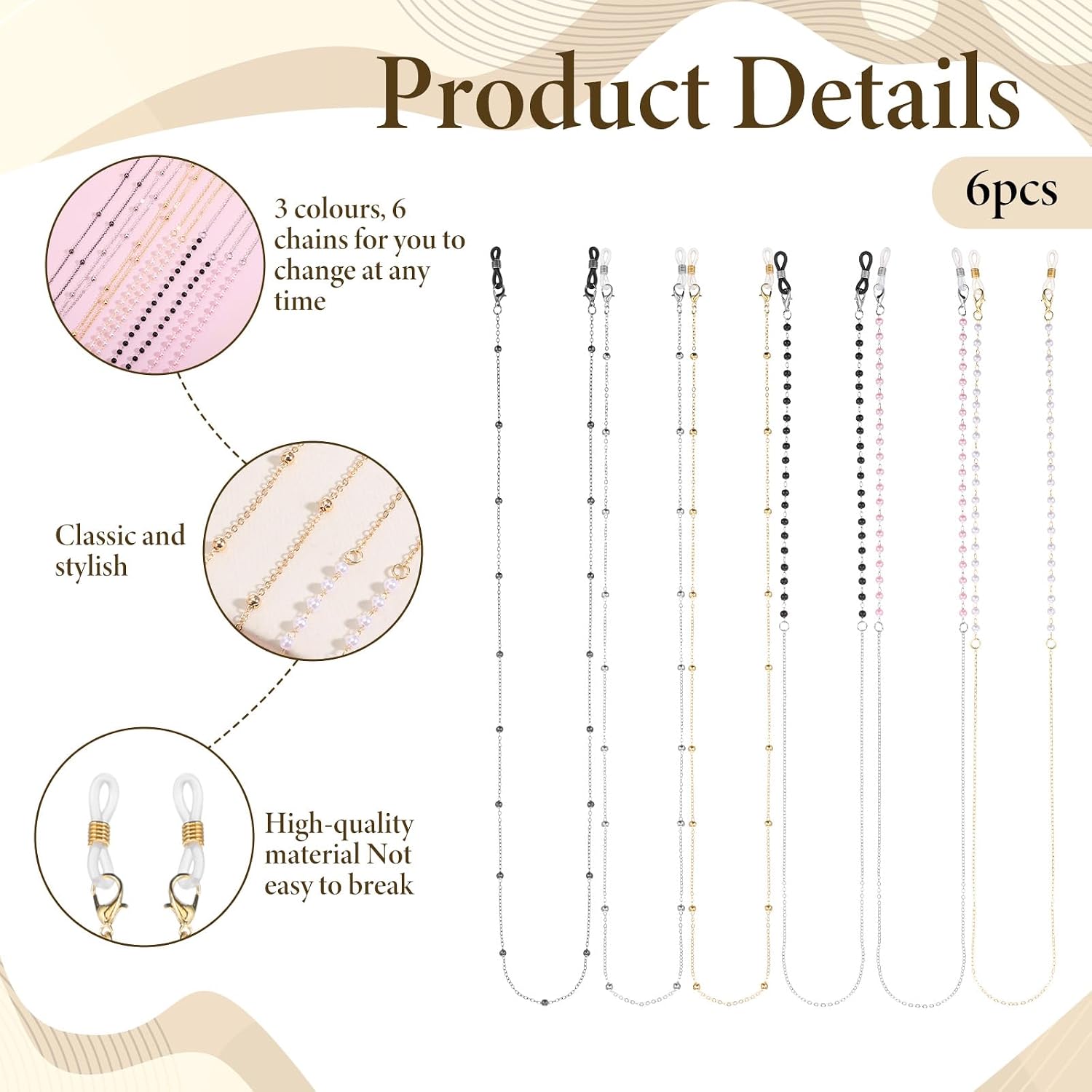 cobee 6Pcs Eyeglass Chain, Eye Glasses Strap, Eye Glasses Holders Around Neck Glass Charms for Women, Glass Accessories for Reading Glas s, Sunglasses Decorative
