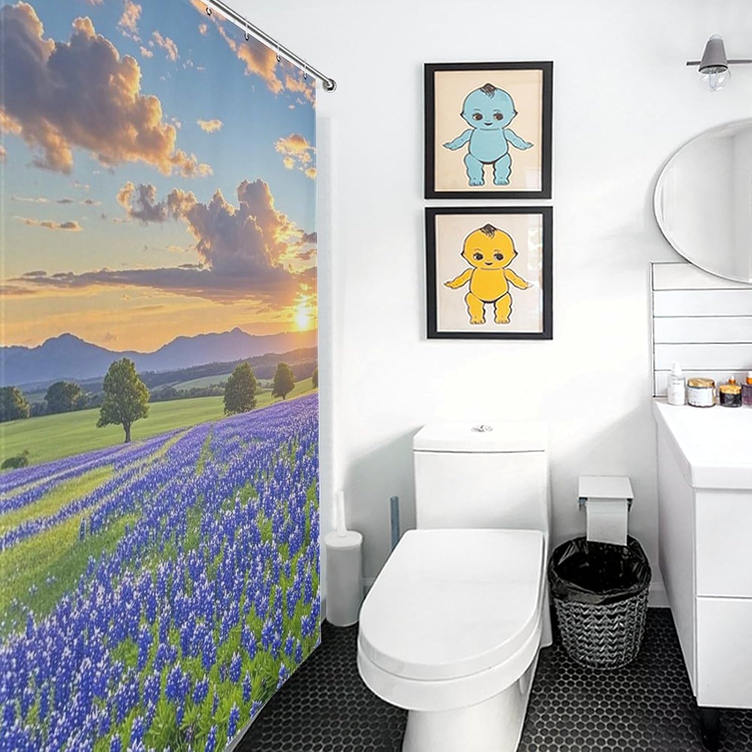 Texas Bluebonnets Scenery Shower Curtain Bathroom Curtain with Grommets & Hooks Modern Machine Washable Waterproof Fabric Bath Curtain for Bathroom Bathtub Home Decoration 48x72Inch（122x183cm）