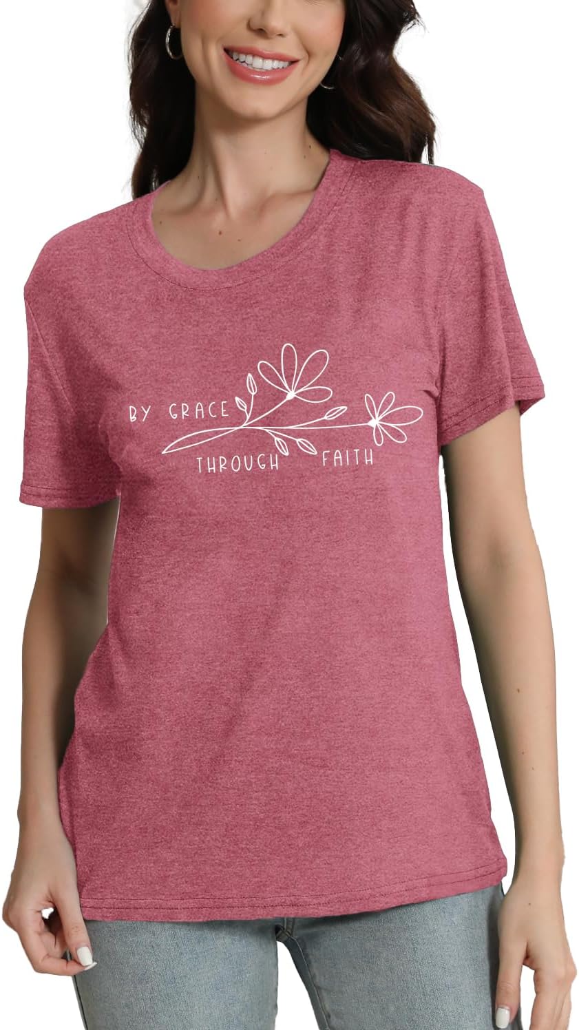 Womens Christian Shirt Christ Faith T-Shirts Bible Verse by Grace Through Faith Tee Tops - Image 5