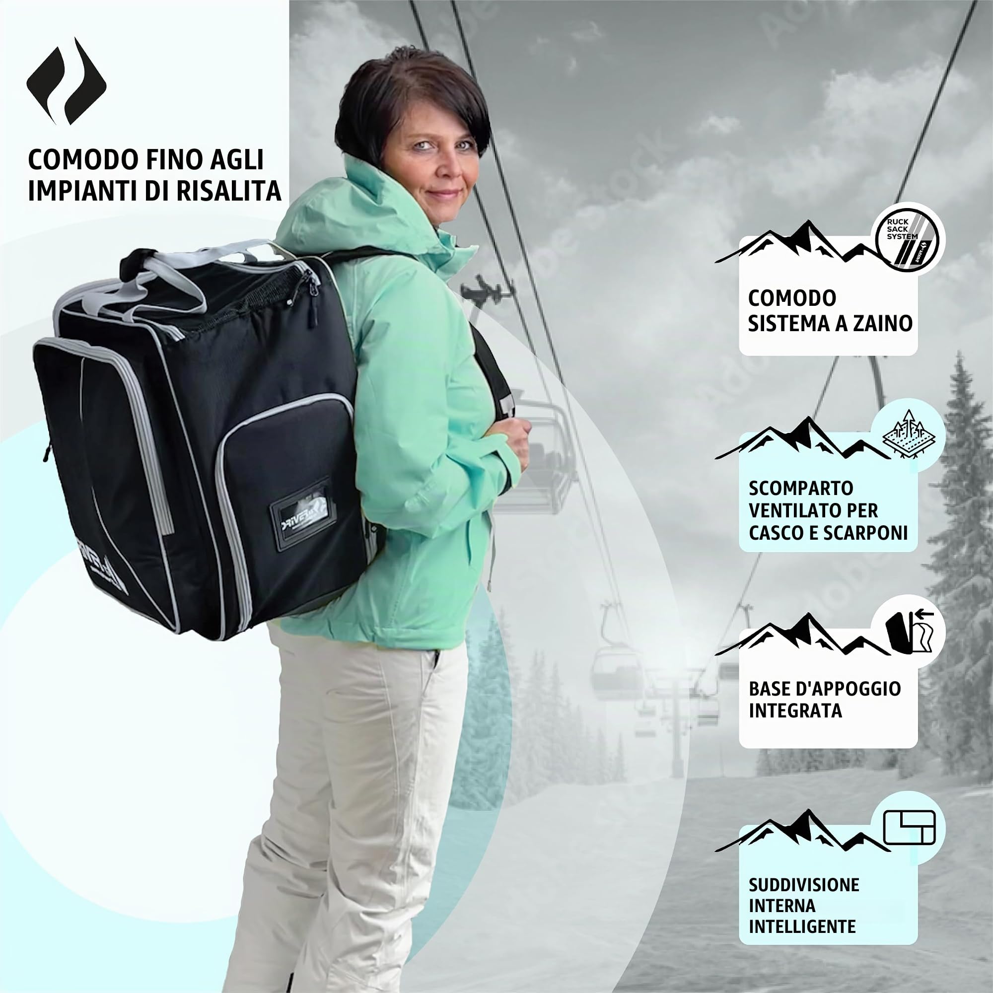 Driver13 zaino porta scarponi da sci con scomparto casco, bootbag per scarponi da sci e boots snowboard, dimensioni 40 x 28 x 44 cm, nero/grigio