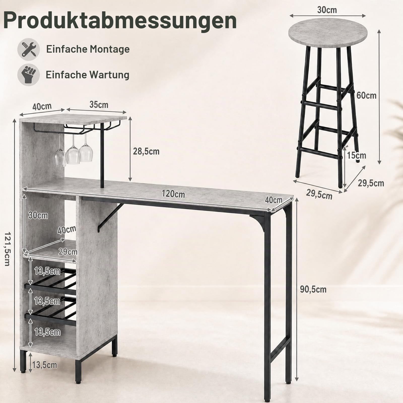 LIFEZEAL Bartisch Set, Tresentisch mit 2 Barhocker, Esstisch Stehtisch mit Weinglashalter & Ablage, Küchentheke Bistrotisch Industrie-Design, Stehtisch für Bar, Bistro & Wohnzimmer (Grau)