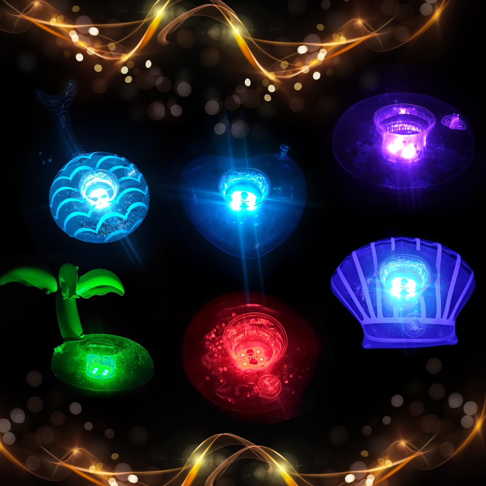 6 Pack Inflatable Drink Holders with 6 Pack RGB LED Bottle Lights, Drink Floats Inflatable Light Up Cup Coasters for Pool Party.