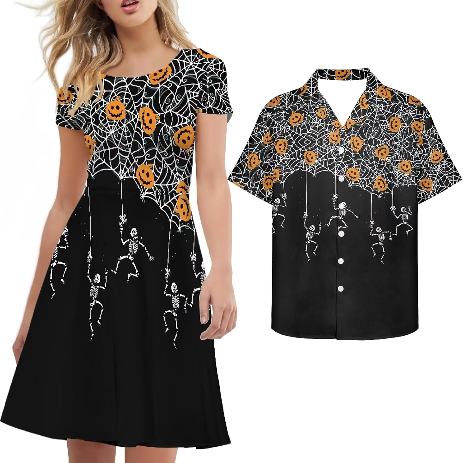 AmzPrint Couple Christmas Shirt and Dress Womens Elegant Short Sleeve Round Neck Cocktail Party Green Xmas Swing Dress