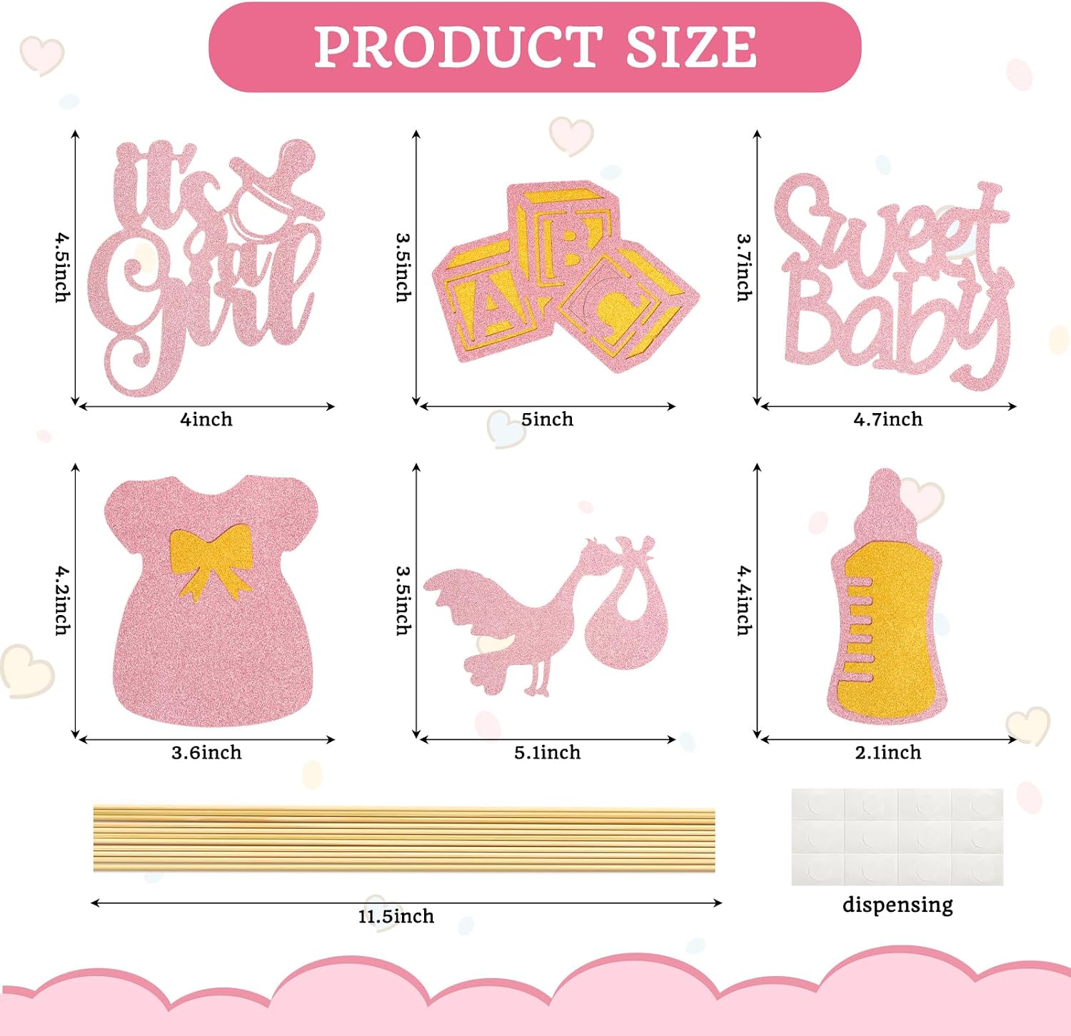 12Pcs Pink Glitter Baby Shower Floral Pick Decorations image 2