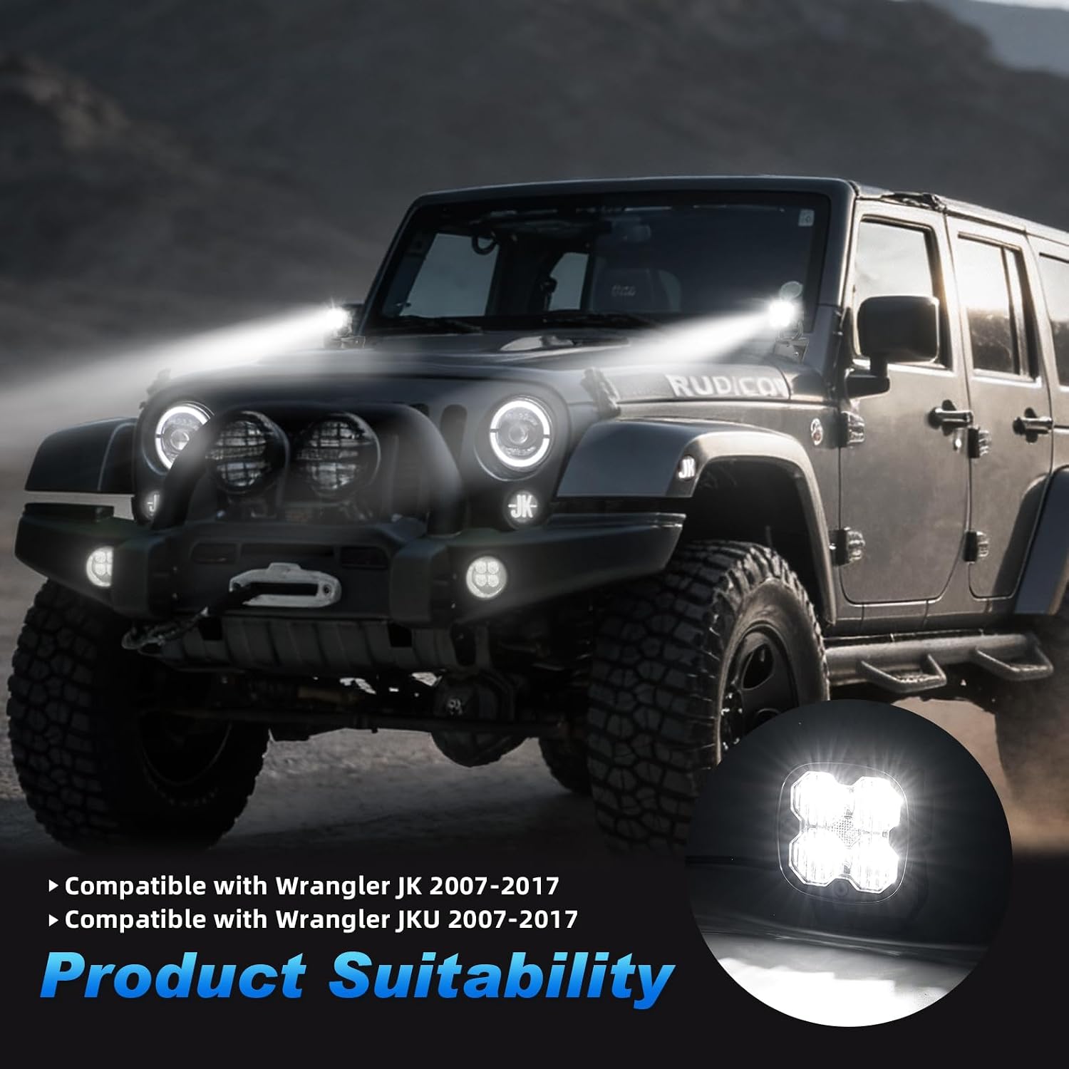 LED Ditch Lights for 2007-2017 Jeep Wrangler JK JKU with Brackets Wiring Harness Combo Kits, 3 Inch A Paillar Offroad Spot Flood White Light with Yellow Option Lens, Pair