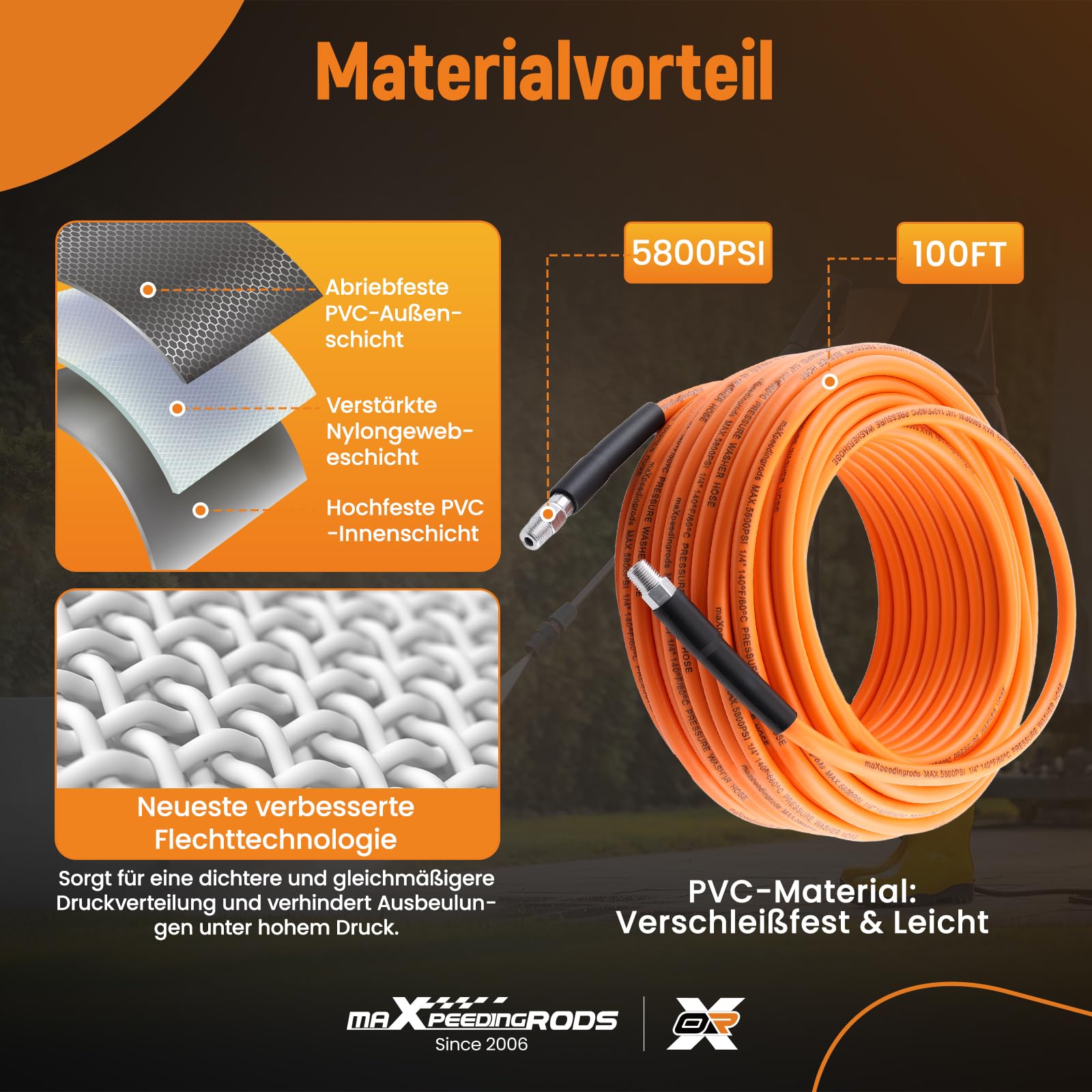 maXpeedingrods Set di tubi per la pulizia dei tubi, 100FT (30 m), universale, per la pulizia dei tubi ad alta pressione, adattatore angolare NPT da 1/4", per scarico, WC, fogne, lavaggio auto (5800