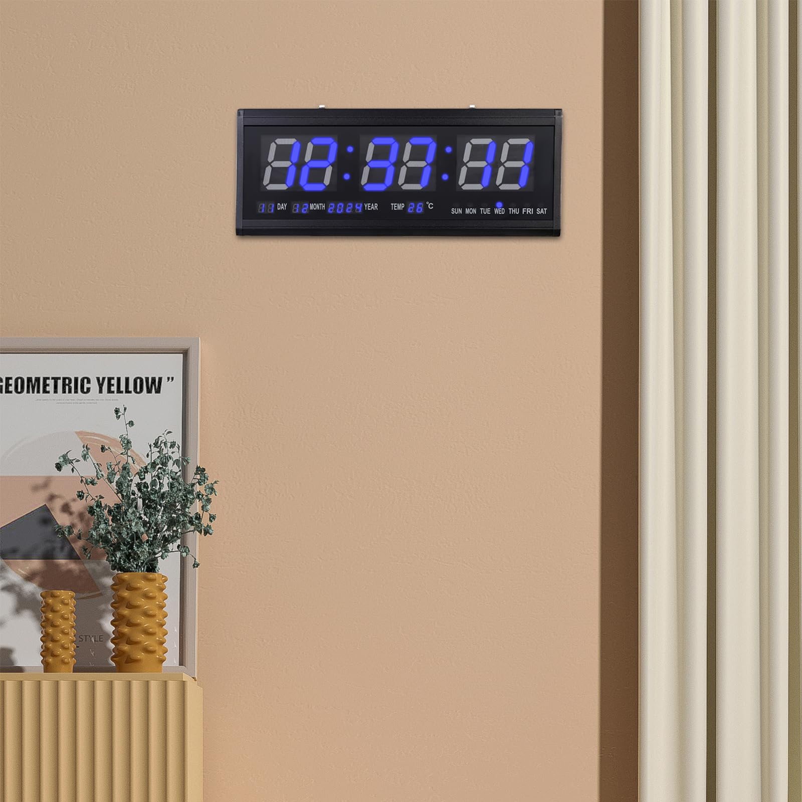 Grande orologio da parete digitale con display a LED, moderno orologio digitale con temperatura e datario, orologio da parete rettangolare con spina di alimentazione per casa e ufficio