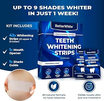 BetterWhite Professional Teeth Whitening Strips 7 Treatments - Enamel Safe - Non-Sensitive Formula - Peroxide-Free Whitening Strips - Dentist Formulated Teeth Whitening Kit (14 Strips)