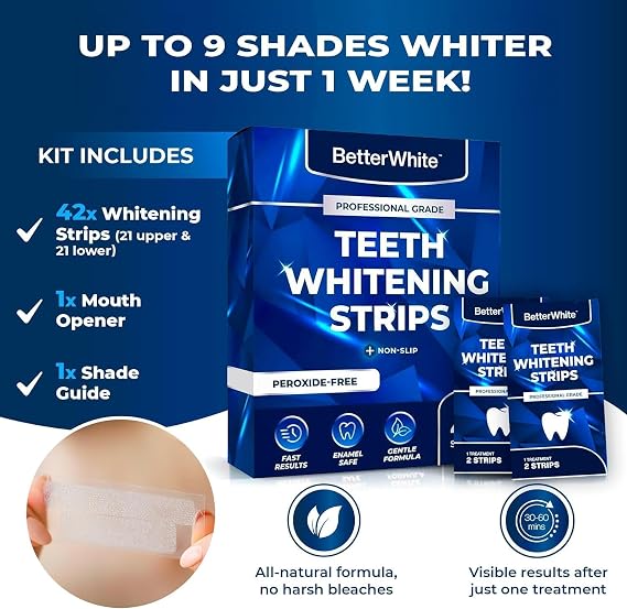 BetterWhite Professional Teeth Whitening Strips 7 Treatments - Enamel Safe - Non-Sensitive Formula - Peroxide-Free Whitening Strips - Dentist Formulated Teeth Whitening Kit (14 Strips)