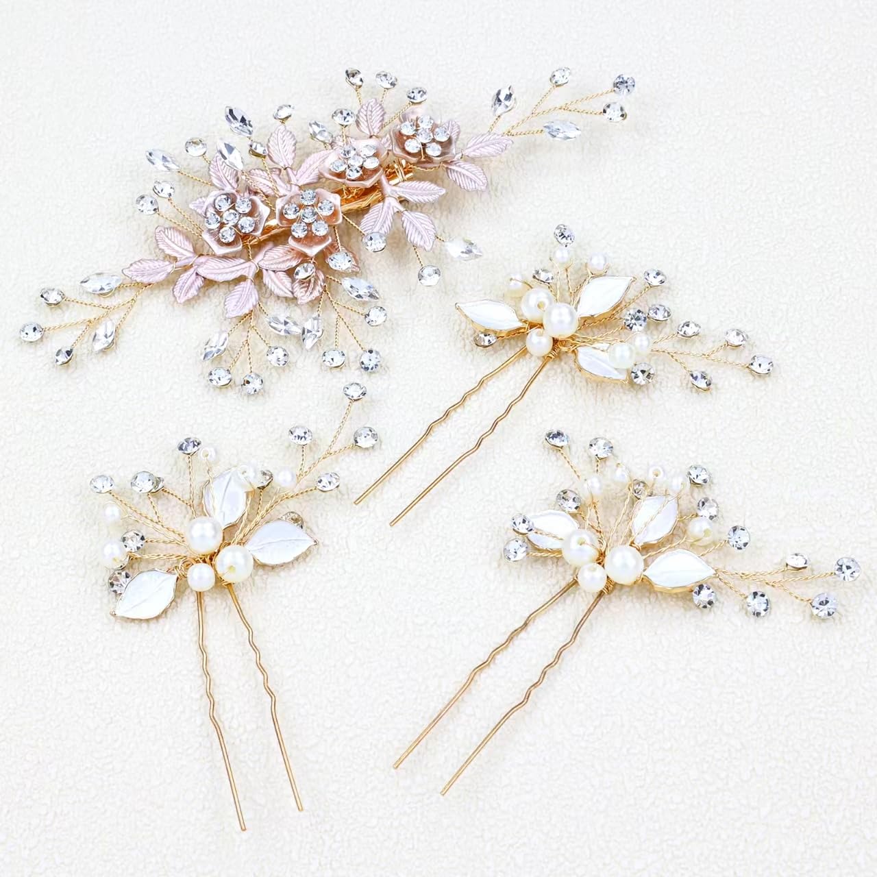 inSowni 4 Pieces Gold Metal Rhinestone Flower Wedding Bridal Hair Clip Barrette+U-shaped Pearl Leaf Hair Pins Accessories Headpieces for Women Girls Brides Bridesmaids - Image 7