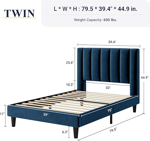 Miniatura 116 de Allewie - Base de cama tapizada en terciopelo, cabecera capitoné de canales verticales, listones de madera reforzados, opción de somier, fácil de