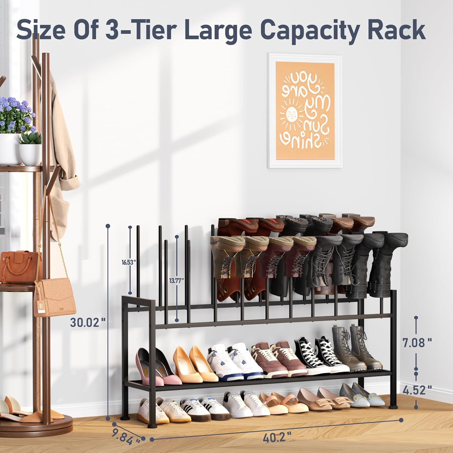 DIMJ Boot Rack 3-Tier - Black Metal Boot Storage Rack for Tall Boots Organizer Tall Boots, Multiuse Shoe Rack for Boots, Sneakers, High-Heel, Entryway, Fit for 10 Pairs, Black