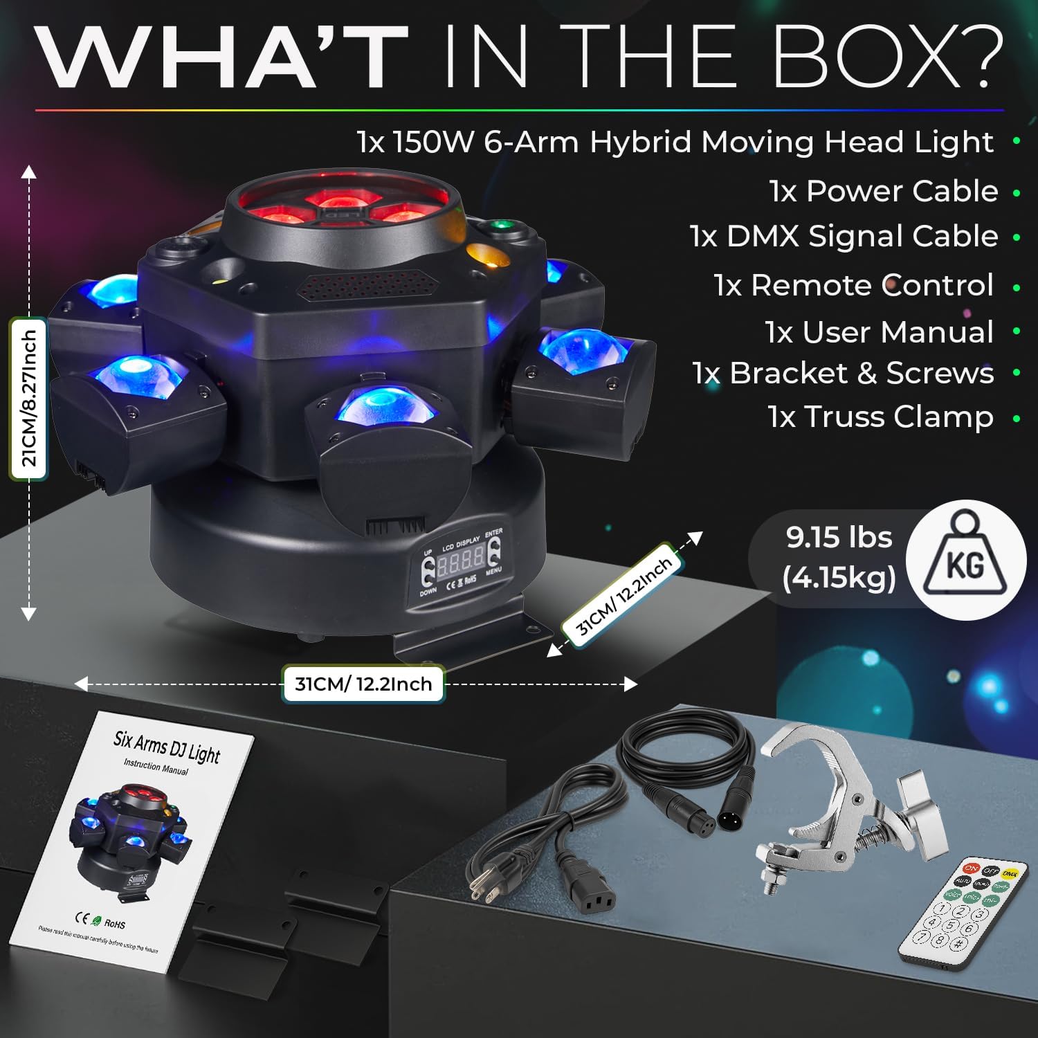 150W Moving Head DJ Light – 6-Arm Spider Beam & Bee-Eye Wash Hybrid + Red/Green Laser & Amber Strobe – DMX512 & Remote Control for Wedding Stage Party Lighting