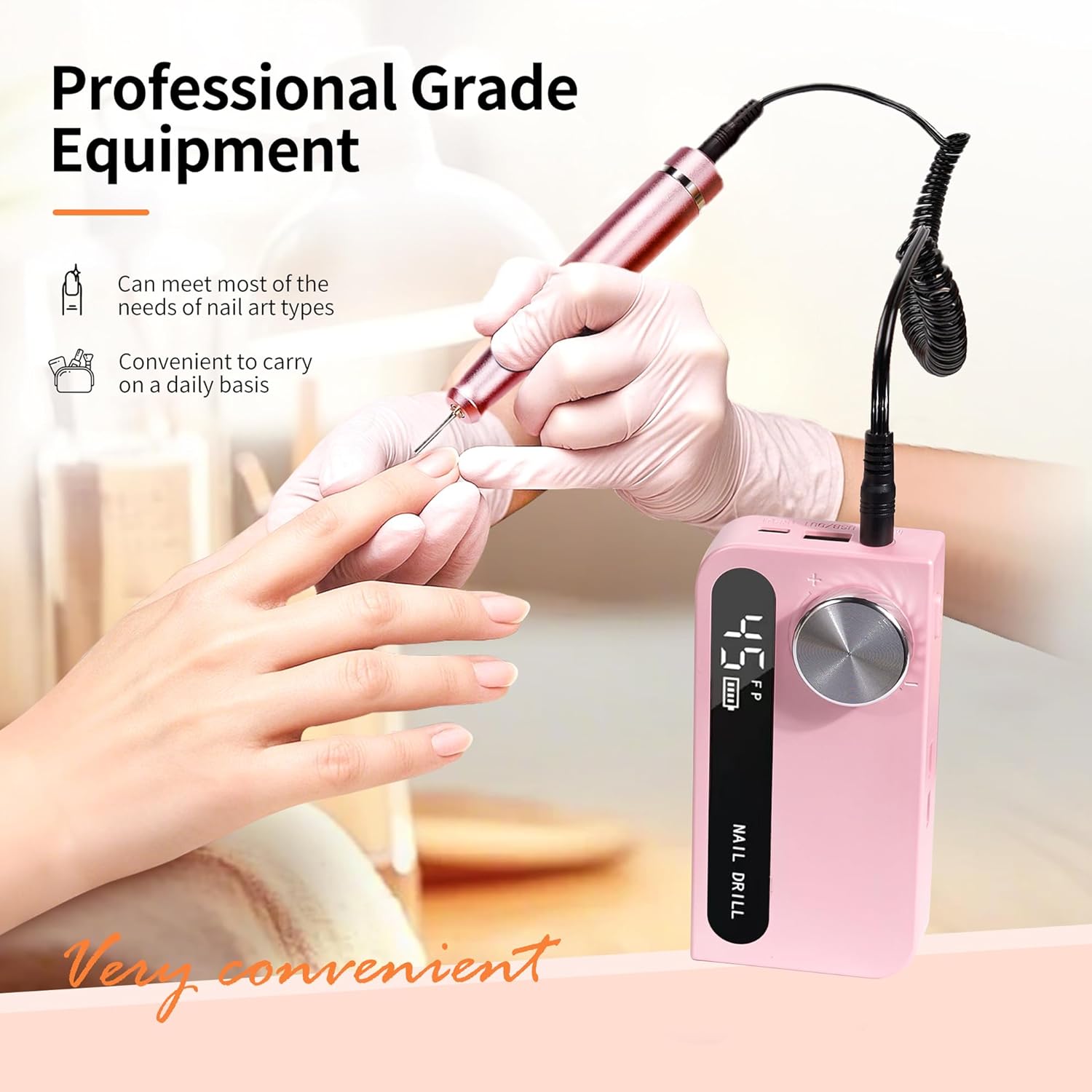 Cordless Electric Nail Drill Professional, Rechargeable Nail File Machine for Acrylic Nails & Gel Polish, Portable Manicure & Salon Nail Kit for Home Use (Pink)