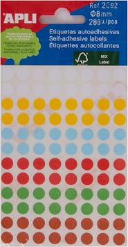 Apli 8mm Diameter Mini Label - Assorted Colour Pack of 288