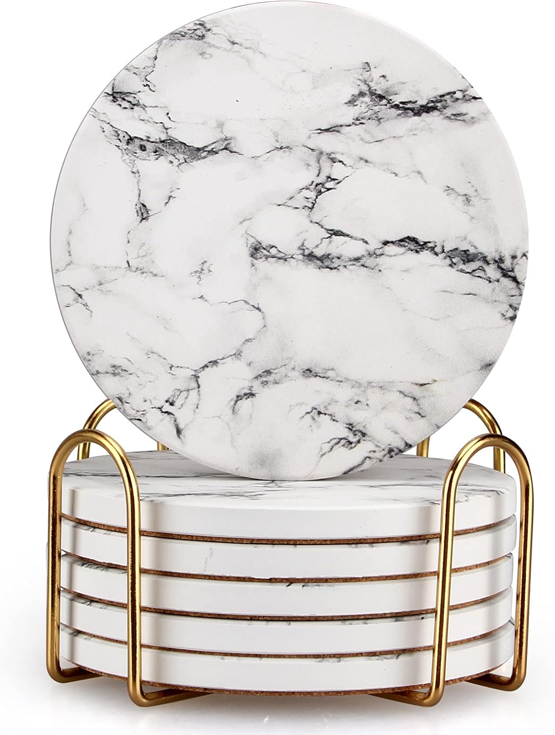 Cool Gray Marble Coasters with Holder Absorbent Coasters Round Ceramic