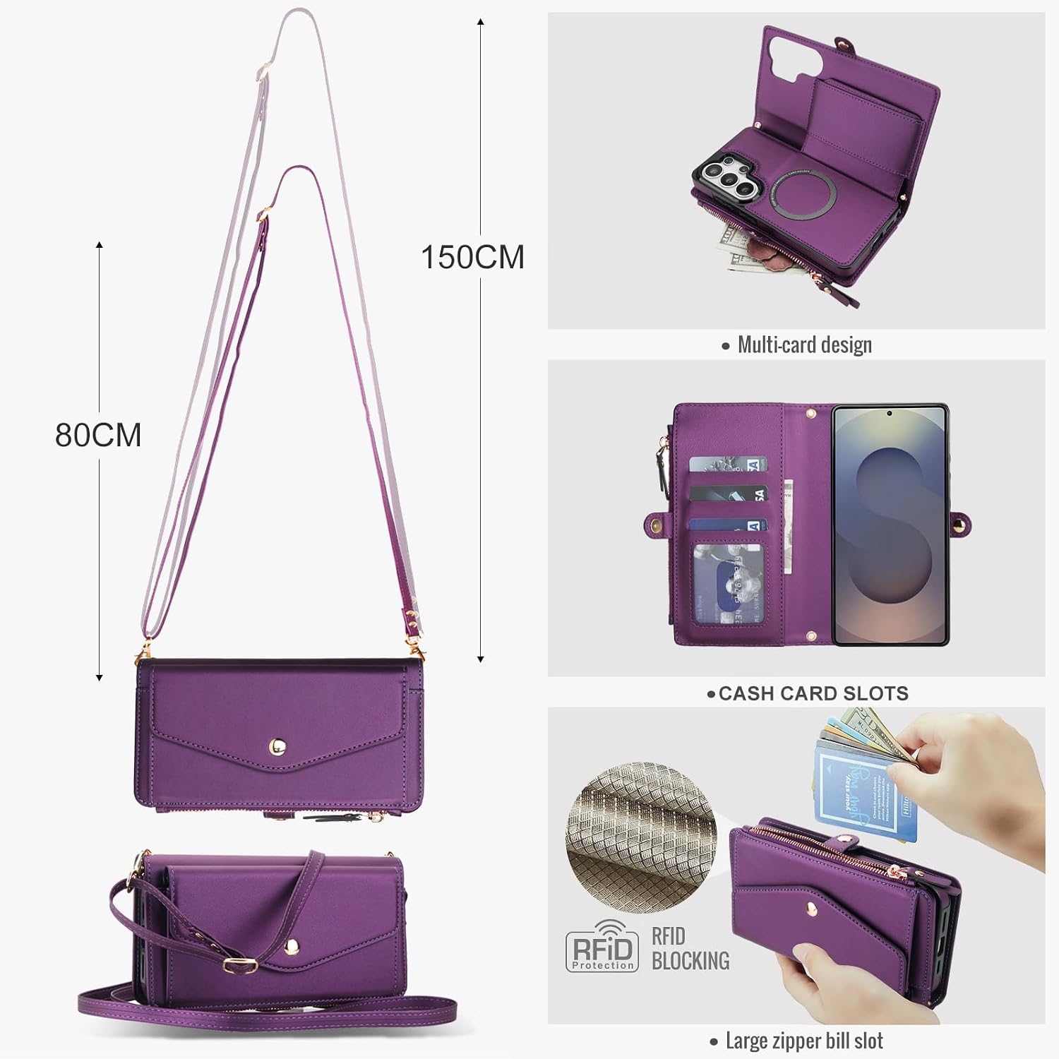 Phone Case for Samsung Galaxy S26 Ultra 5G Wallet Cover Compatible with Magsafe RFID Screen Protector Crossbody Lanyard Strap Flip Card Holder Zipper S26Ultra 26S S 26 26Ultra 6.9 2026 Dark Purple