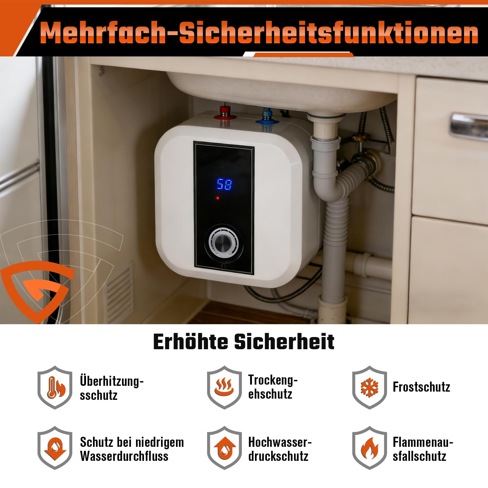 Druckfest Kleinspeicher, Untertischboiler 30 Liter Unterschrank Elektrischer Warmwasserspeicher 1,5KW Mini Durchlauferhitzer mit Stecker 230V für Küche, Dusche, Badezimmer Überhitzungsschutz